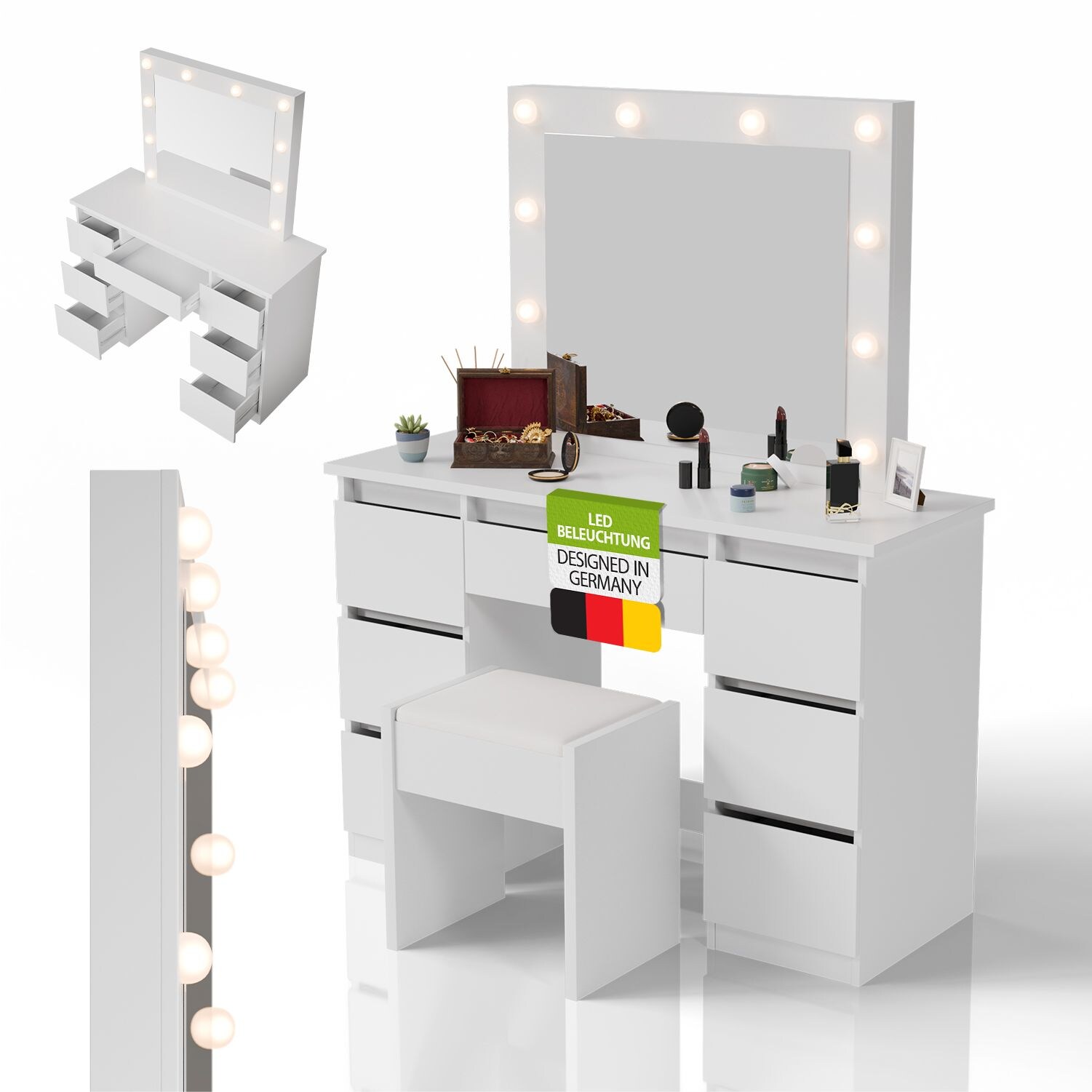 Juskys Schminktisch Talea und Hocker Melly mit LED-Spiegel, 3 Farbtemperaturen, stufenlose Helligkeit, viel Stauraum – Weiß | 04262437185415