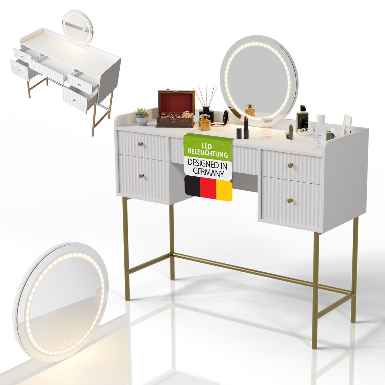 Juskys Schminktisch Samira mit Touch-LED-Spiegel & viel Stauraum, 5 Schubladen &ndash; Wei&szlig;/Gold - Bild 1