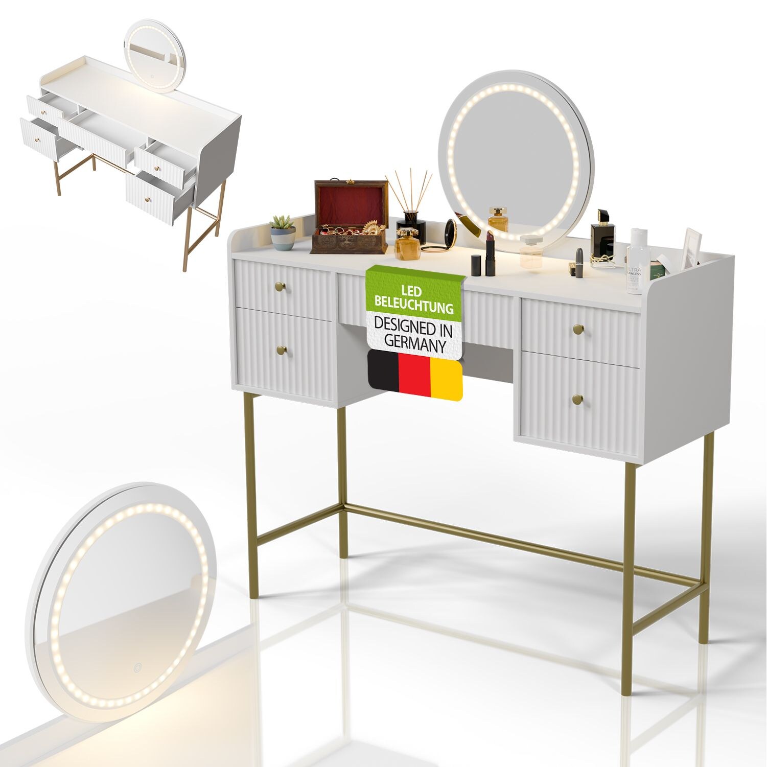 Juskys Schminktisch Samira mit Touch-LED-Spiegel & viel Stauraum, 5 Schubladen – Weiß/Gold | 04262437185422