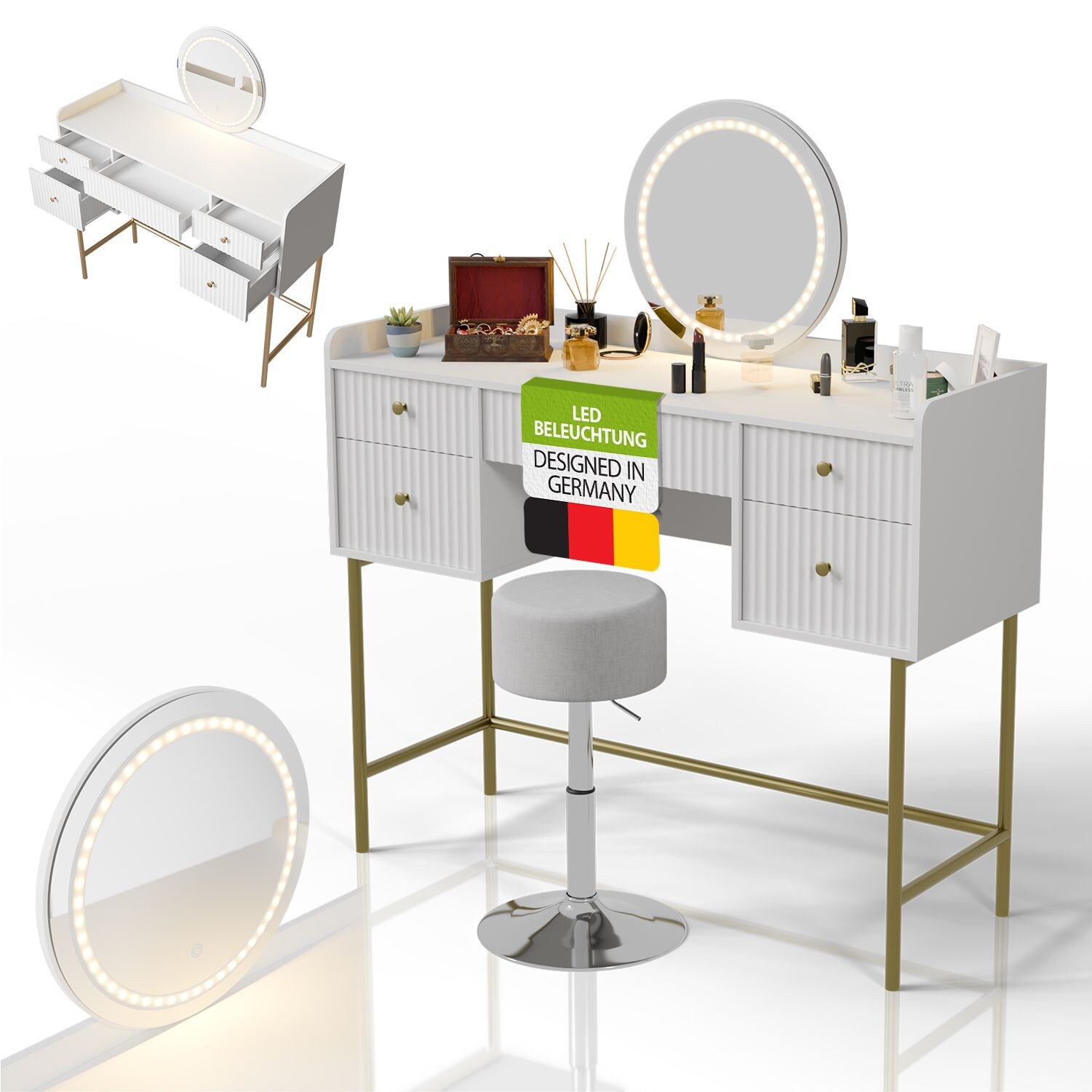 Juskys Schminktisch Samira & Hocker Tonia mit Touch-LED-Spiegel & viel Stauraum, 5 Schubladen – Weiß/Gold | 04262437185439