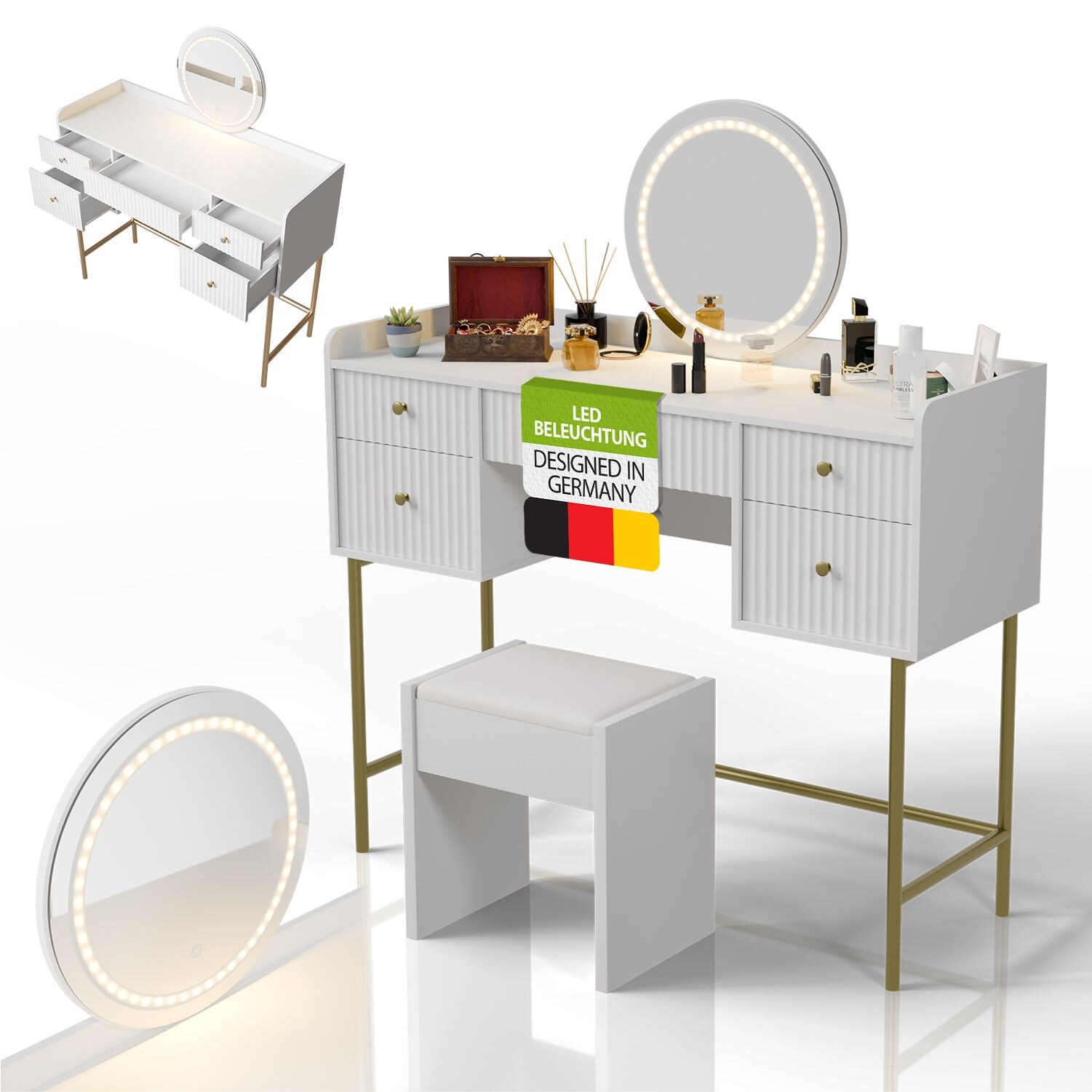 Juskys Schminktisch Samira & Hocker Melly mit Touch-LED-Spiegel & viel Stauraum, 5 Schubladen – Weiß/Gold | 04262437185446