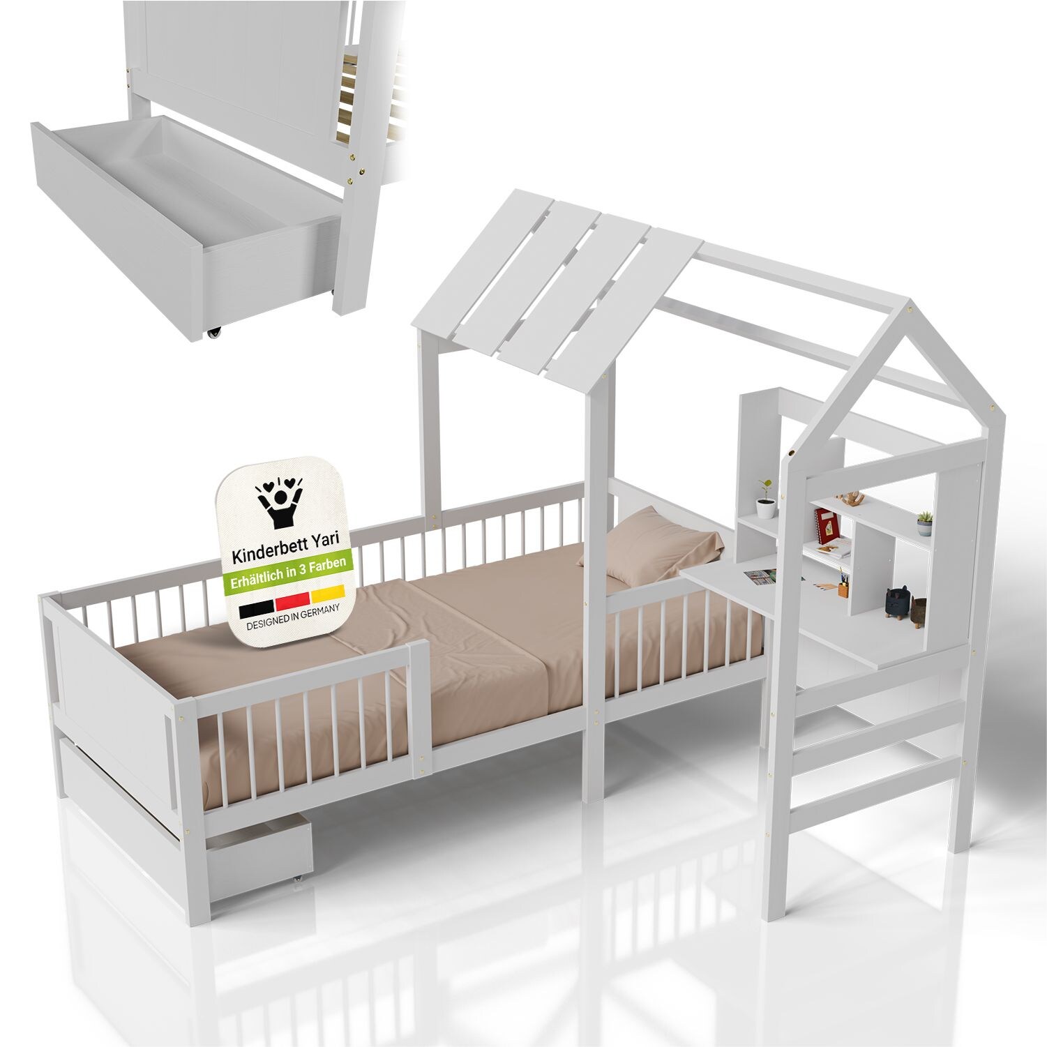 Juskys Kinderbett Yari – Integrierter Schreibtisch, Schublade, Pflegeleicht, 150 kg belastbar – weiß | 04262437185453