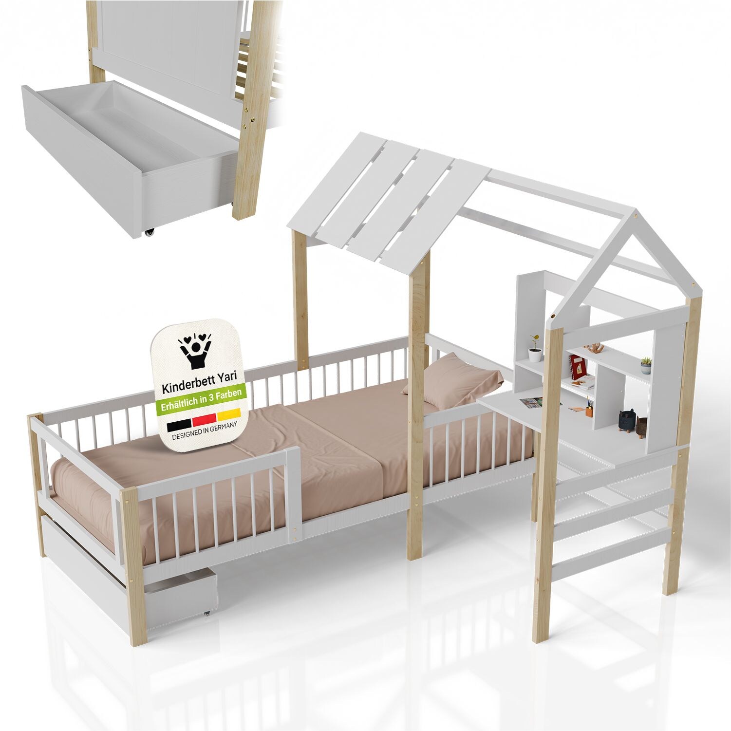 Juskys Kinderbett Yari – Integrierter Schreibtisch, Schublade, Pflegeleicht, 150 kg belastbar – weiß/natur | 04262437185460
