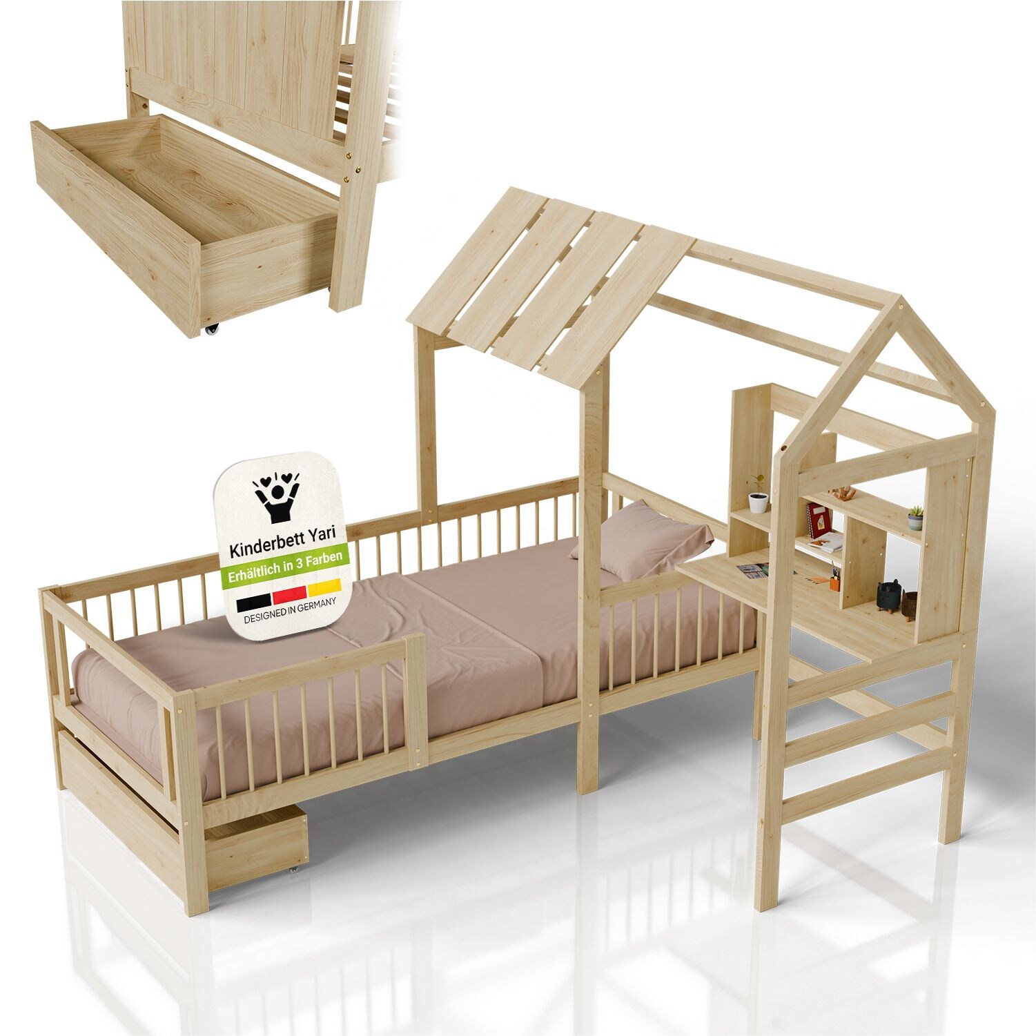 Juskys Kinderbett Yari – Integrierter Schreibtisch, Schublade, Pflegeleicht, 150 kg belastbar – natur | 04262437185477