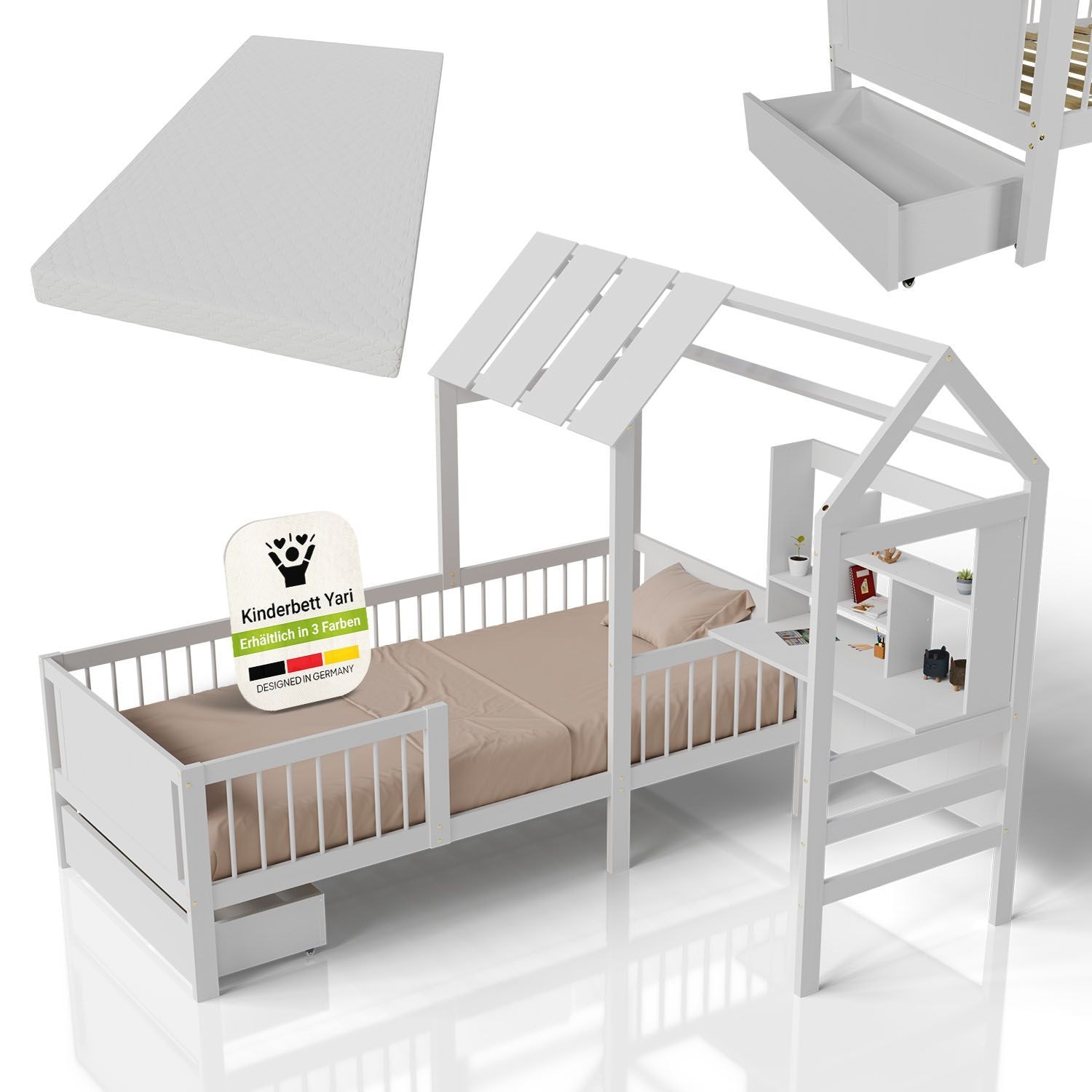 Juskys Kinderbett Yari 90x200 cm - Integrierter Schreibtisch, Praktische Schublade - wei&szlig; - Bild 1