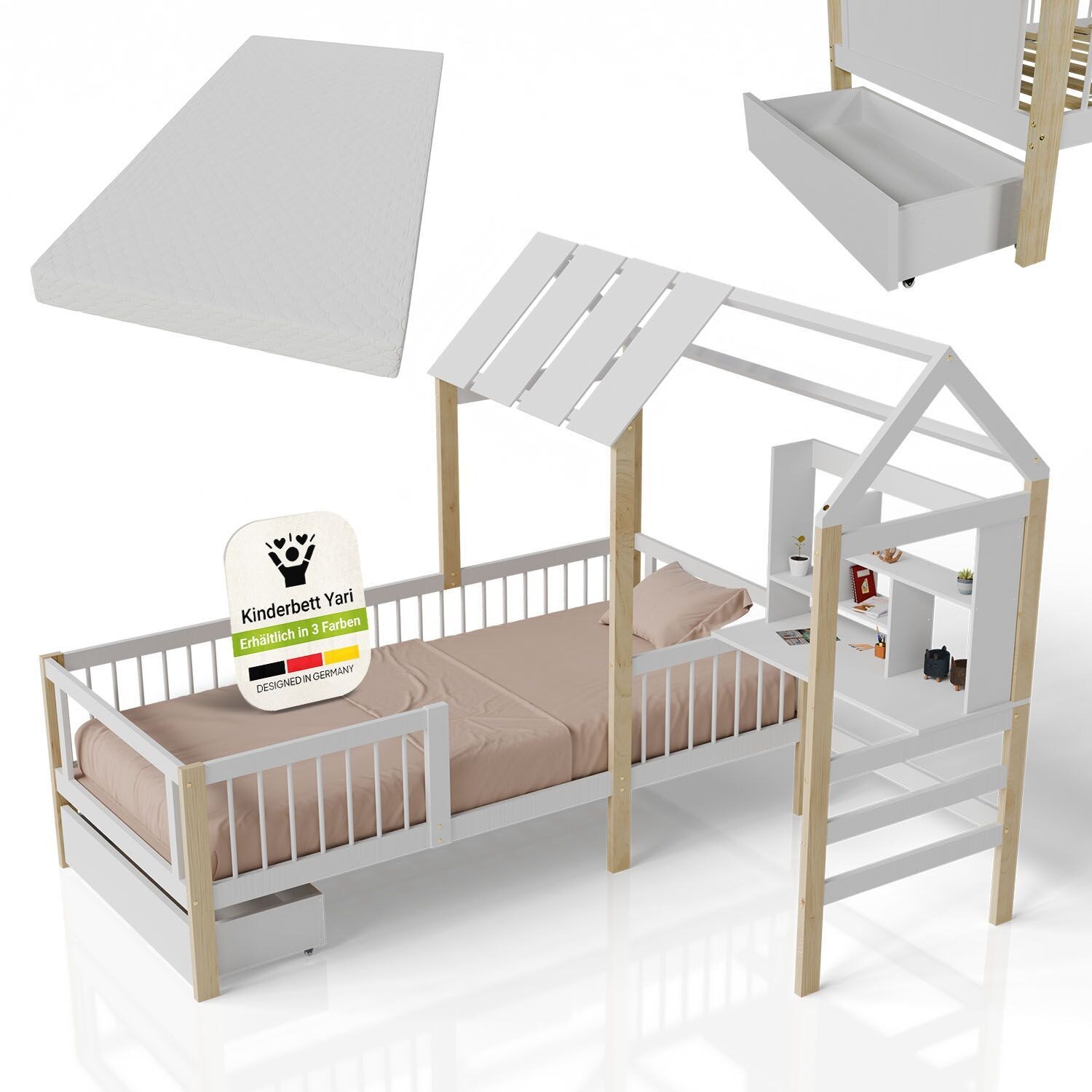 Juskys Kinderbett Yari 90×200 cm – Integrierter Schreibtisch, Praktische Schublade – weiß/natur | 04262437185491