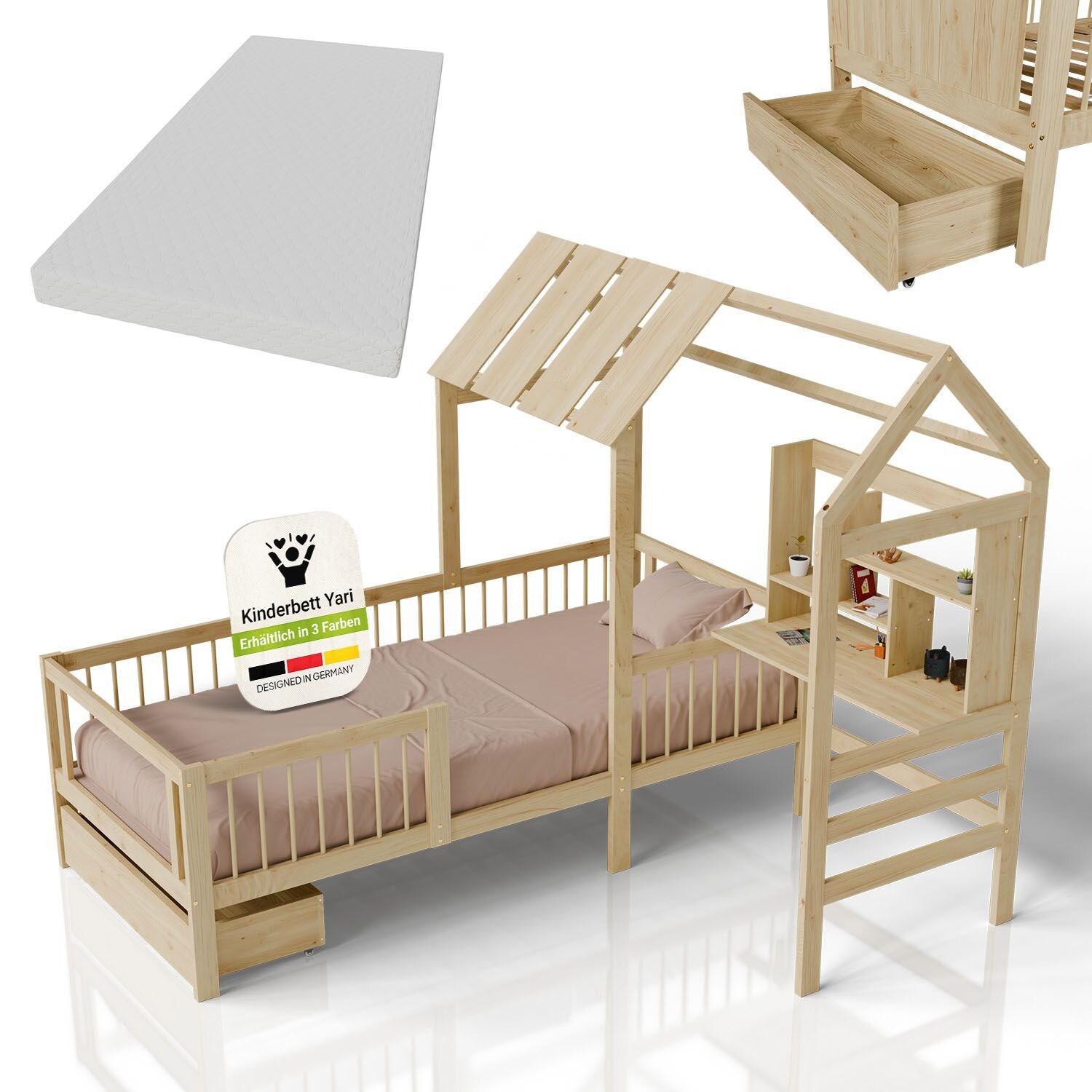 Juskys Kinderbett Yari 90×200 cm – Integrierter Schreibtisch, Praktische Schublade – natur | 04262437185507