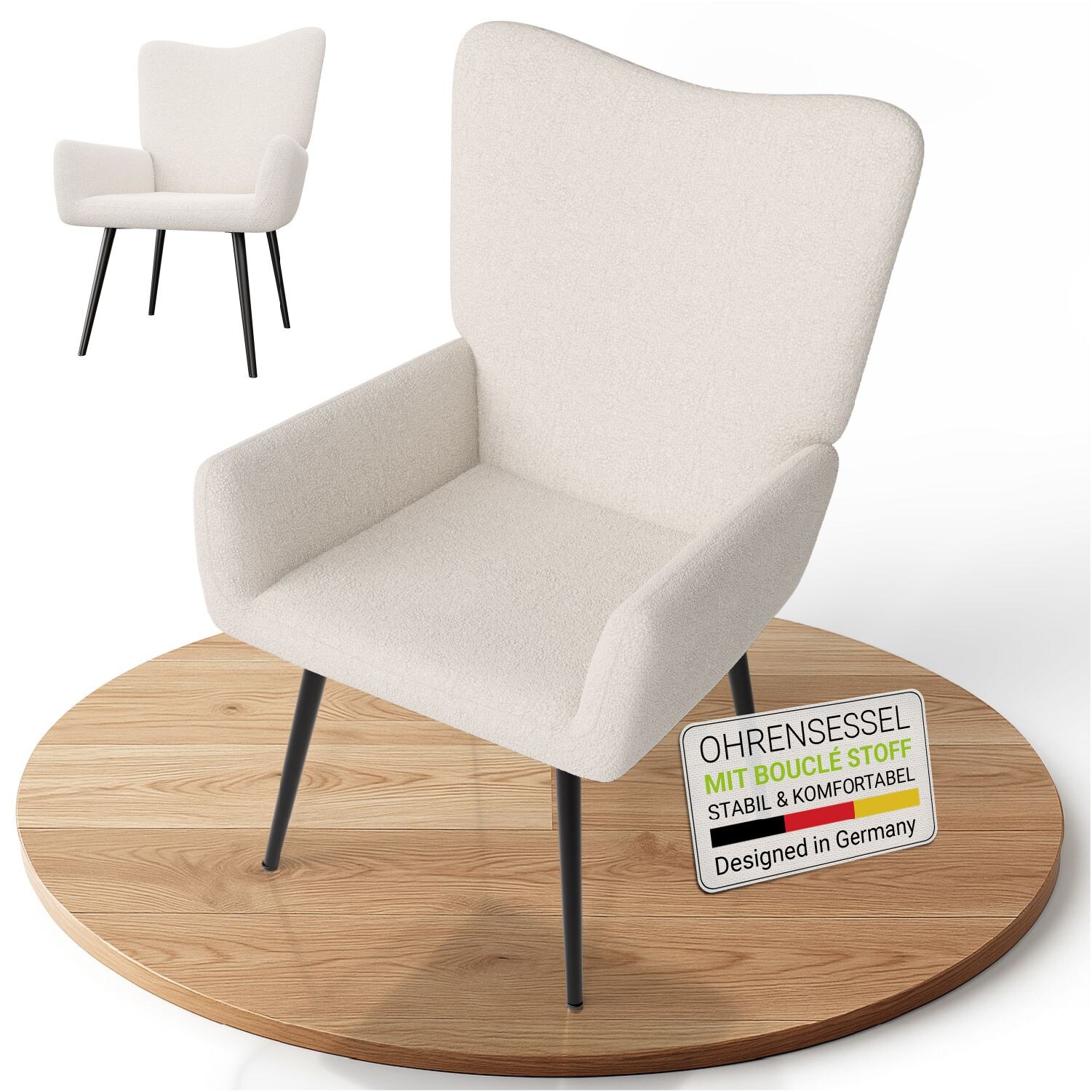 Juskys Ohrensessel Odense ohne Hocker, Relaxsessel mit Boucle & Stahlgestell – Beige