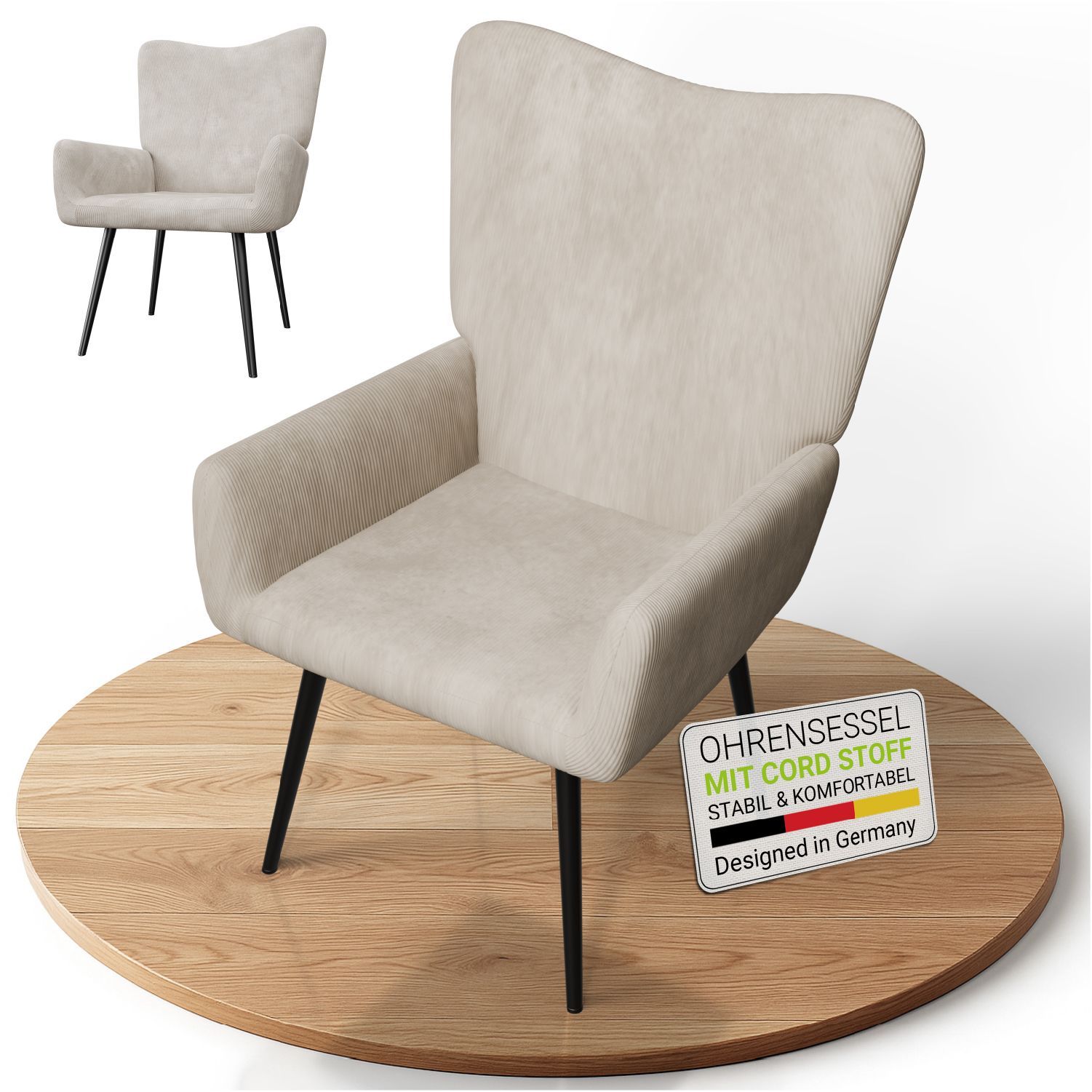 Juskys Ohrensessel Odense ohne Hocker, Relaxsessel mit Cord & Stahlgestell &ndash; Beige - Bild 1