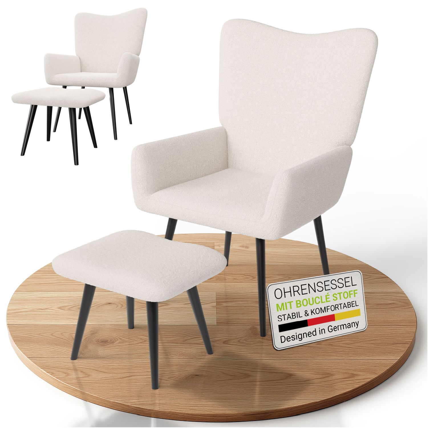 Juskys Ohrensessel Odense inkl. Hocker, Relaxsessel mit Boucle & Stahlgestell &ndash; Beige - Bild 1