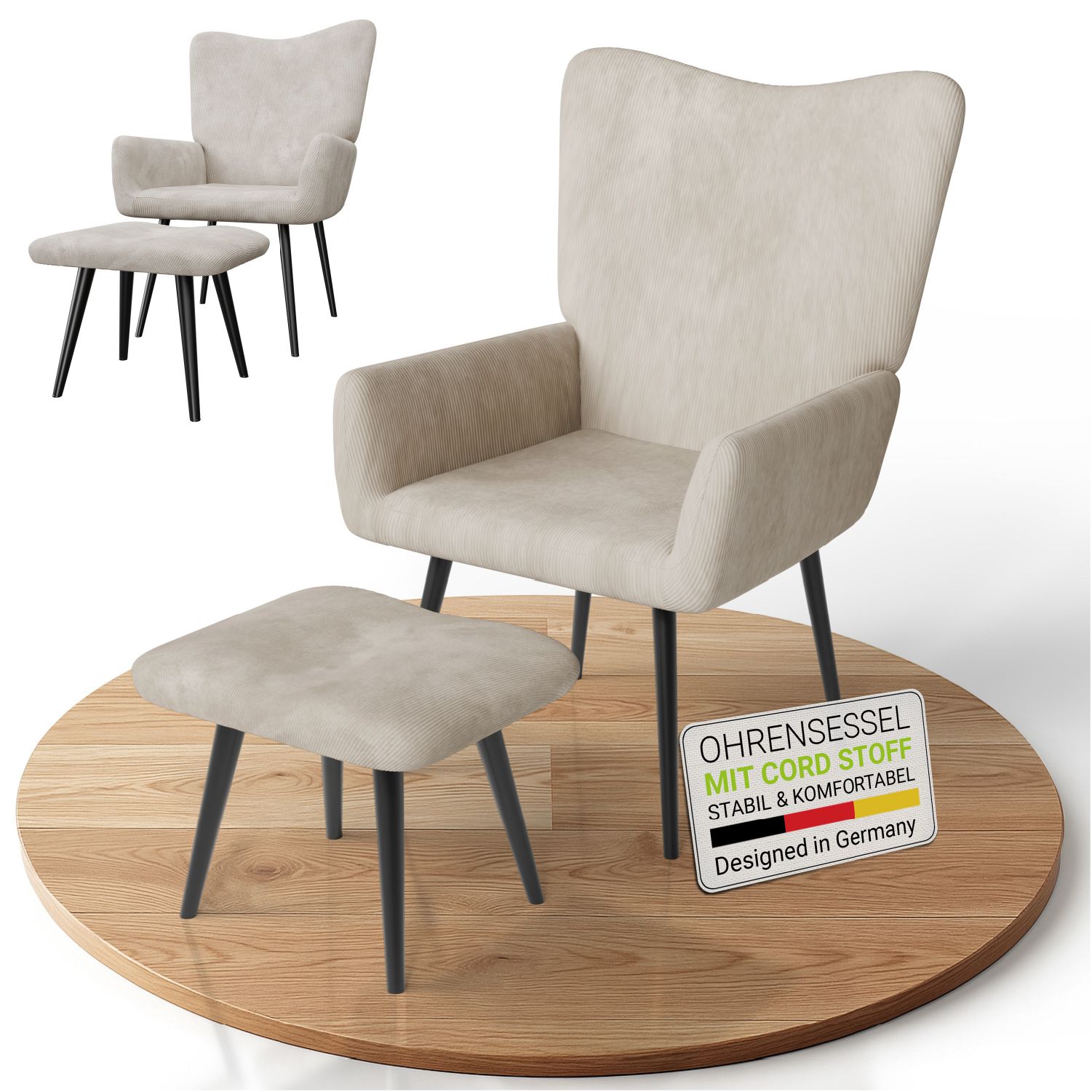Juskys Ohrensessel Odense inkl. Hocker, Relaxsessel mit Cord & Stahlgestell &ndash; Beige - Bild 1