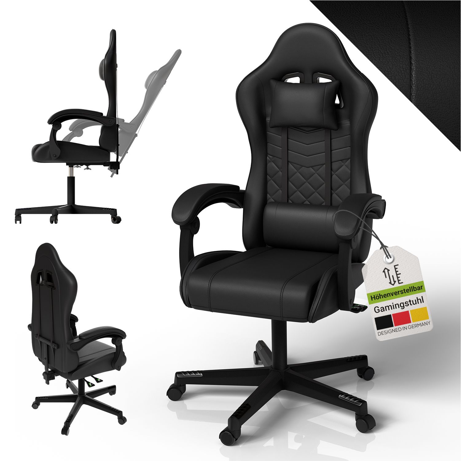Juskys Gamingstuhl HyperSeat, B&uuml;rostuhl aus Kunstleder, verstellbare R&uuml;ckenlehne &ndash; Schwarz - Bild 1