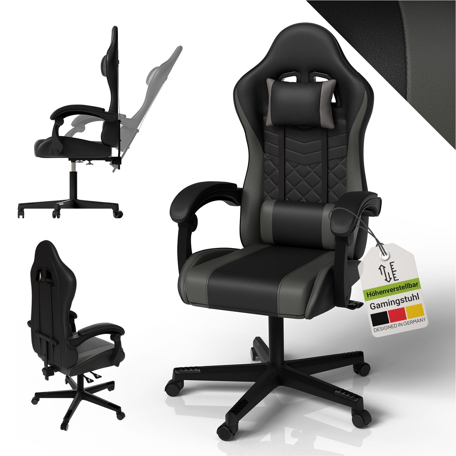 Juskys Gamingstuhl HyperSeat, B&uuml;rostuhl aus Kunstleder, verstellbare R&uuml;ckenlehne &ndash; Schwarz/dunkelgrau - Bild 1