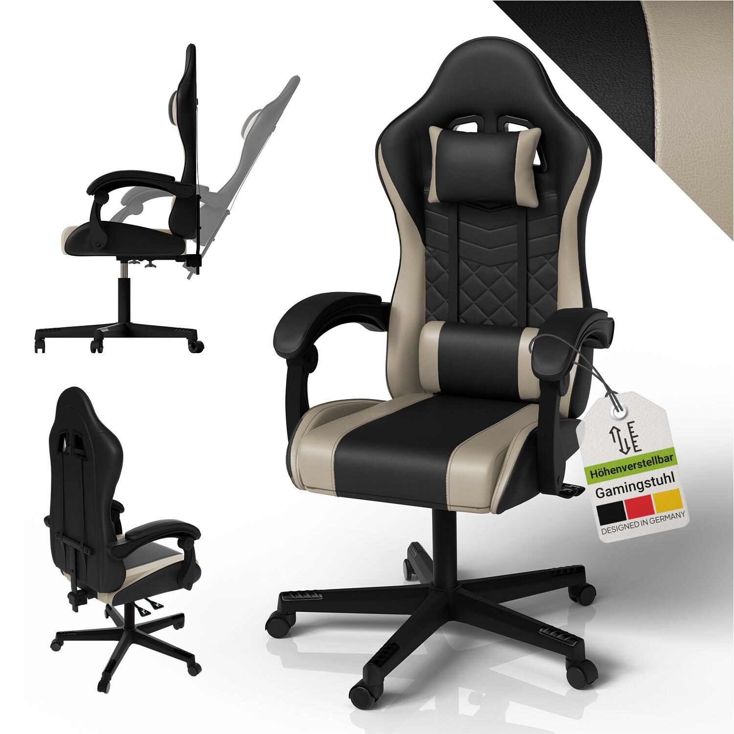 Juskys Gamingstuhl HyperSeat, B&uuml;rostuhl aus Kunstleder, verstellbare R&uuml;ckenlehne &ndash; Schwarz/beige - Bild 1