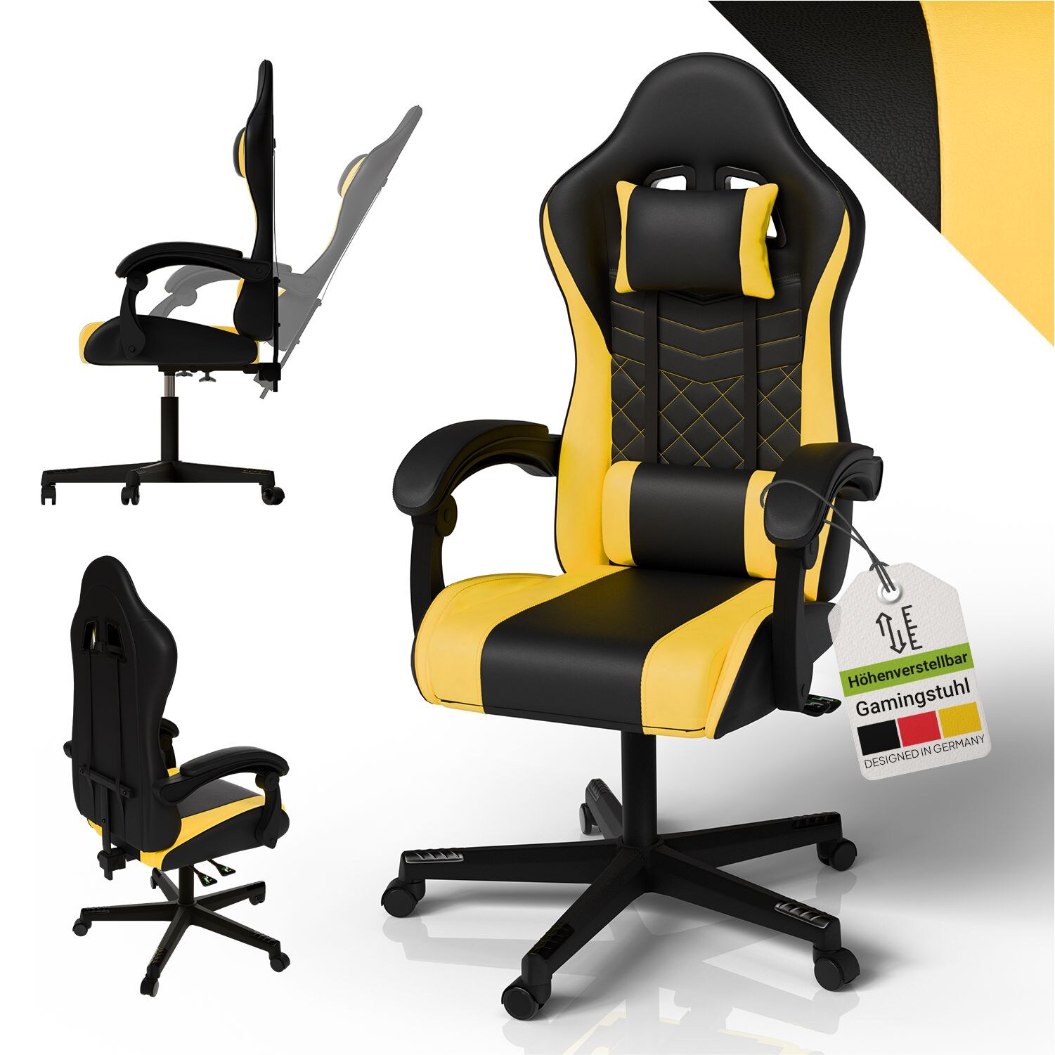 Juskys Gamingstuhl HyperSeat, Bürostuhl aus Kunstleder, verstellbare Rückenlehne – Schwarz/gelb | 04262437185583