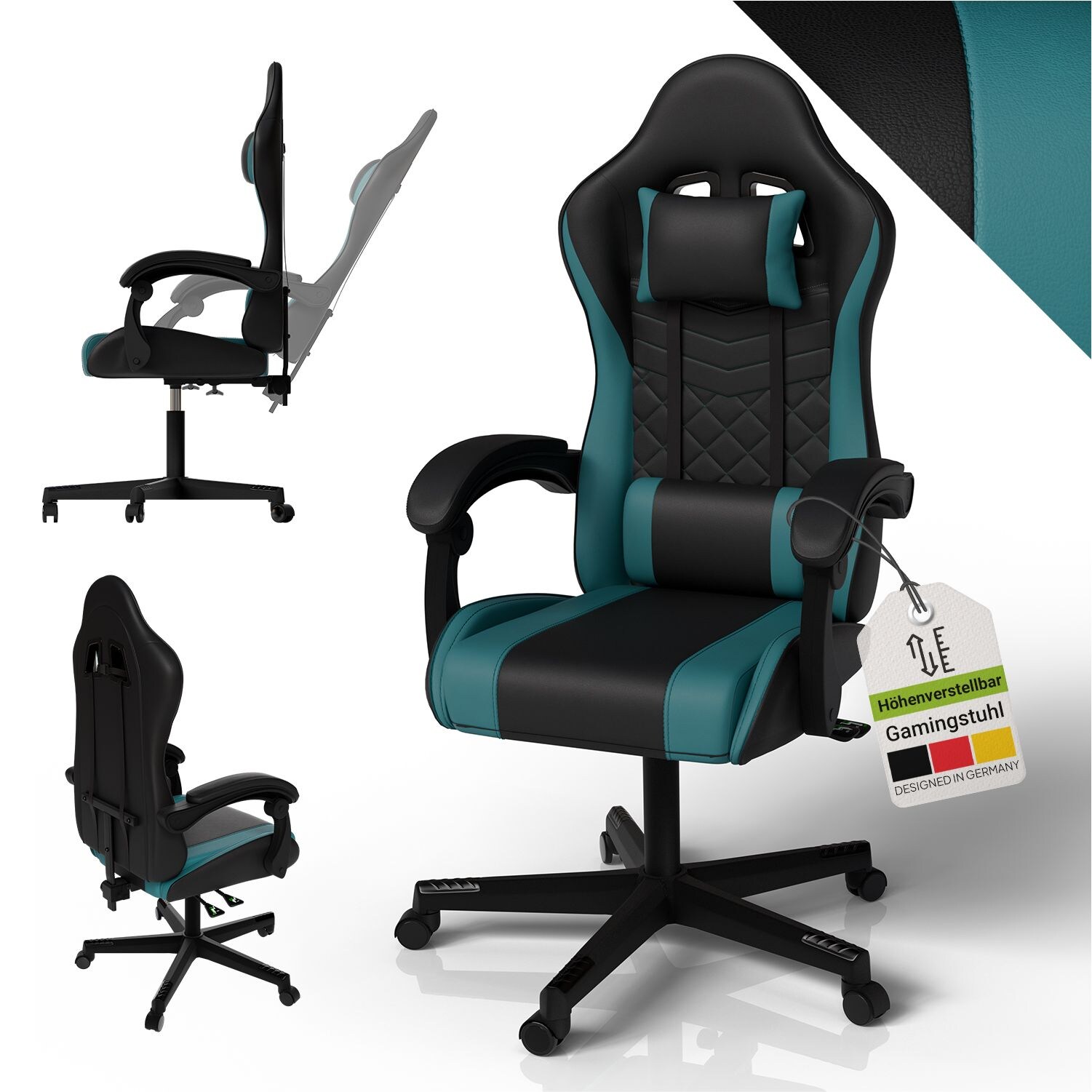 Juskys Gamingstuhl HyperSeat, B&uuml;rostuhl aus Kunstleder, verstellbare R&uuml;ckenlehne &ndash; Schwarz/t&uuml;rkis - Bild 1
