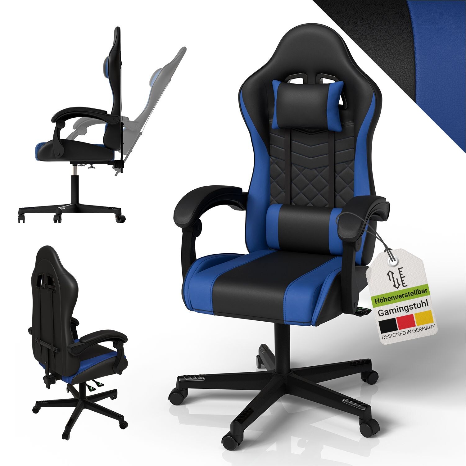 Juskys Gamingstuhl HyperSeat, Bürostuhl aus Kunstleder, verstellbare Rückenlehne – Schwarz/blau