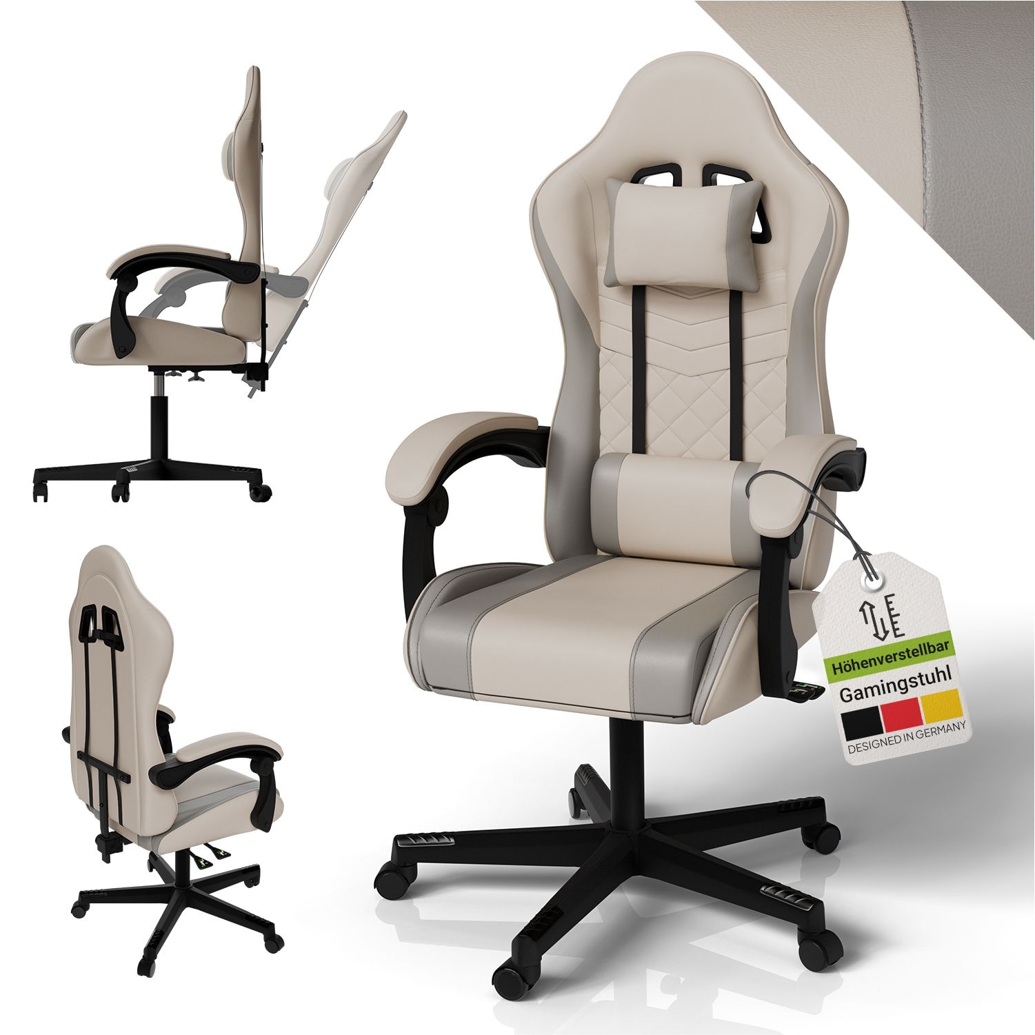 Juskys Gamingstuhl HyperSeat, B&uuml;rostuhl aus Kunstleder, verstellbare R&uuml;ckenlehne &ndash; Beige/hellgrau - Bild 1