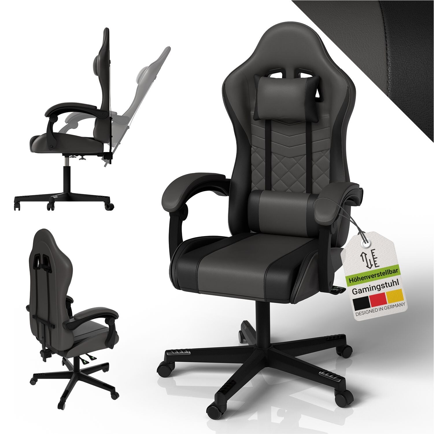 Juskys Gamingstuhl HyperSeat, B&uuml;rostuhl aus Kunstleder, verstellbare R&uuml;ckenlehne &ndash; Grau/schwarz - Bild 1