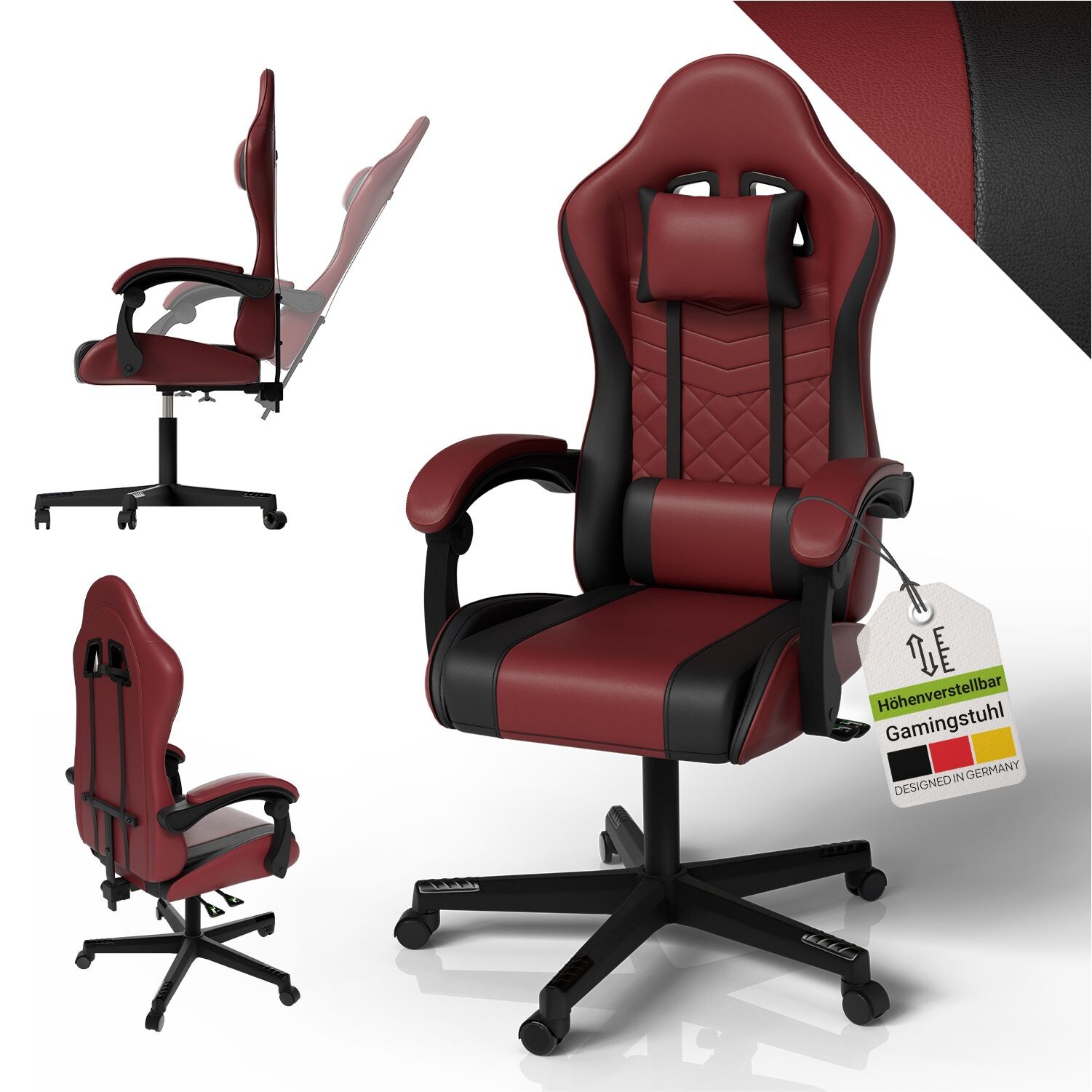 Juskys Gamingstuhl HyperSeat, B&uuml;rostuhl aus Kunstleder, verstellbare R&uuml;ckenlehne &ndash; Bordeaux/schwarz - Bild 1