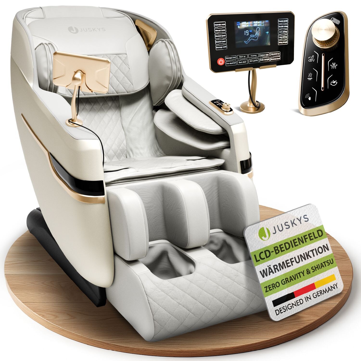 Juskys Massagesessel Naxos mit LCD-Bedienung, Bluetooth, USB & Heizung – Weiß/Hellgrau | 04262437185316
