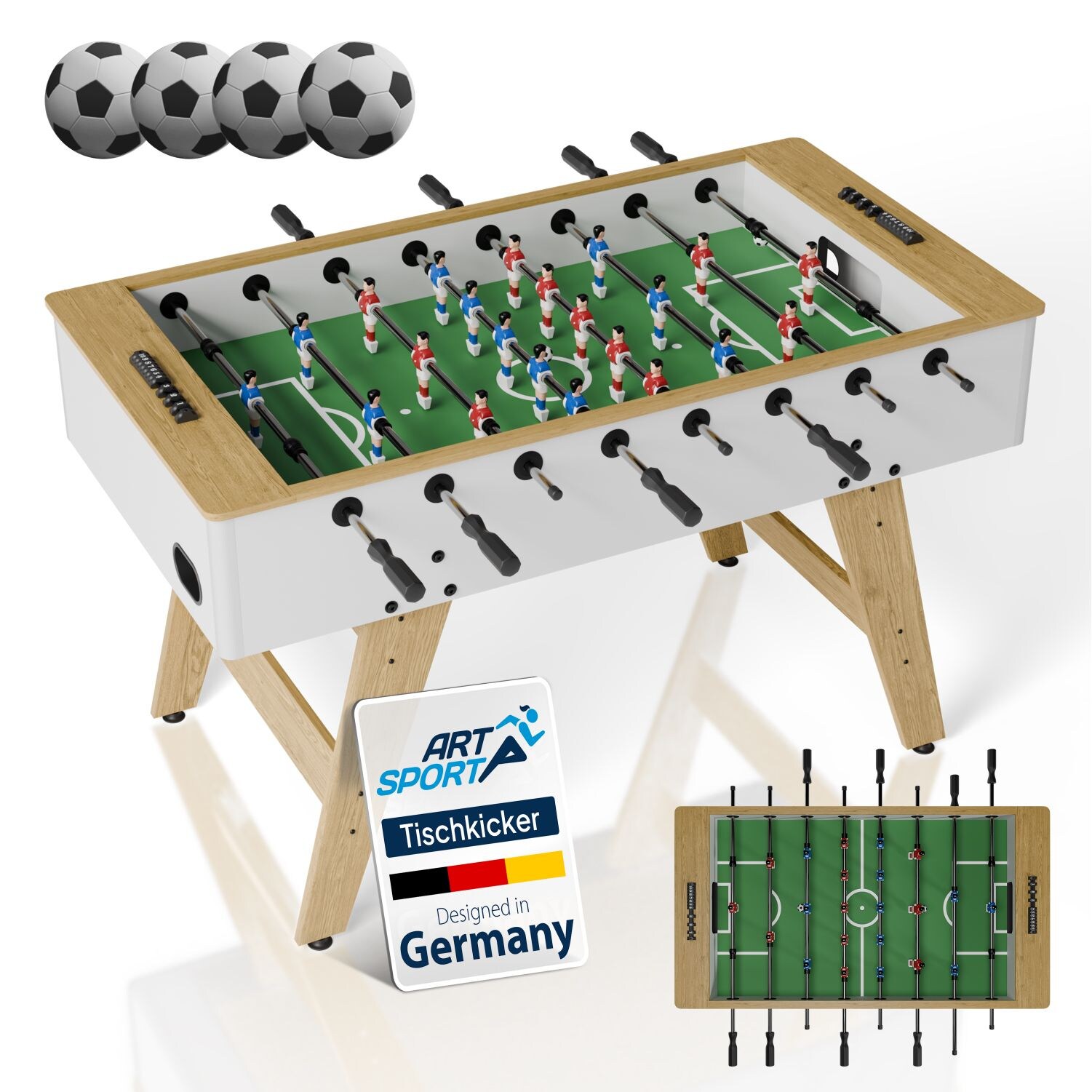 Artsport Tischkicker ProKick – MDF-Kickertisch mit Torzähler & Anti-Rutsch-Griffen – Weiß/ Natur | 04262437185729