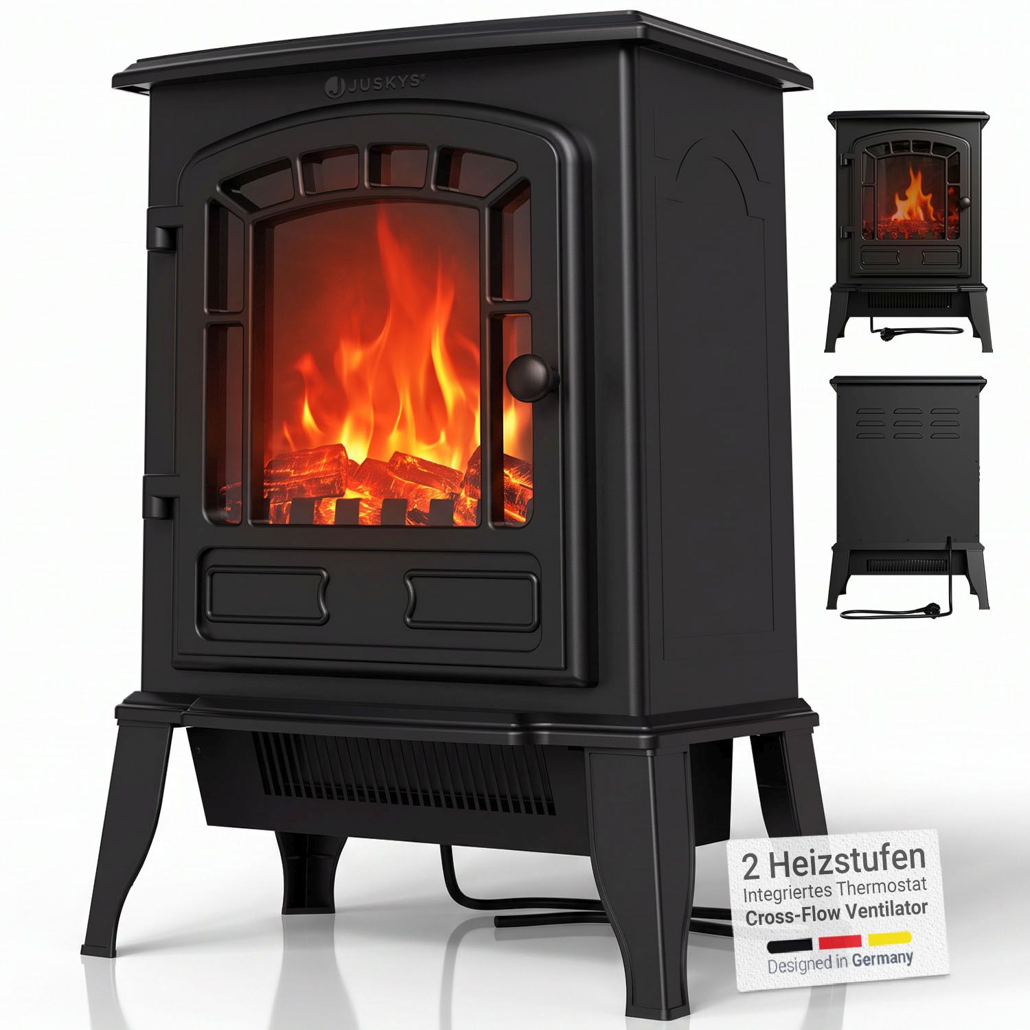 JUSKYS&reg; Elektrokamin 2000 W &ndash; Schwarz, mit Flammeneffekt & 2 Heizstufen f&uuml;r Zuhause, inkl. Thermostat - Bild 1
