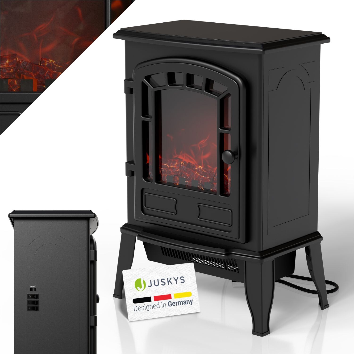 Juskys Elektrokamin 2000 W – Schwarz, mit Flammeneffekt & 2 Heizstufen für Zuhause, inkl. Thermostat