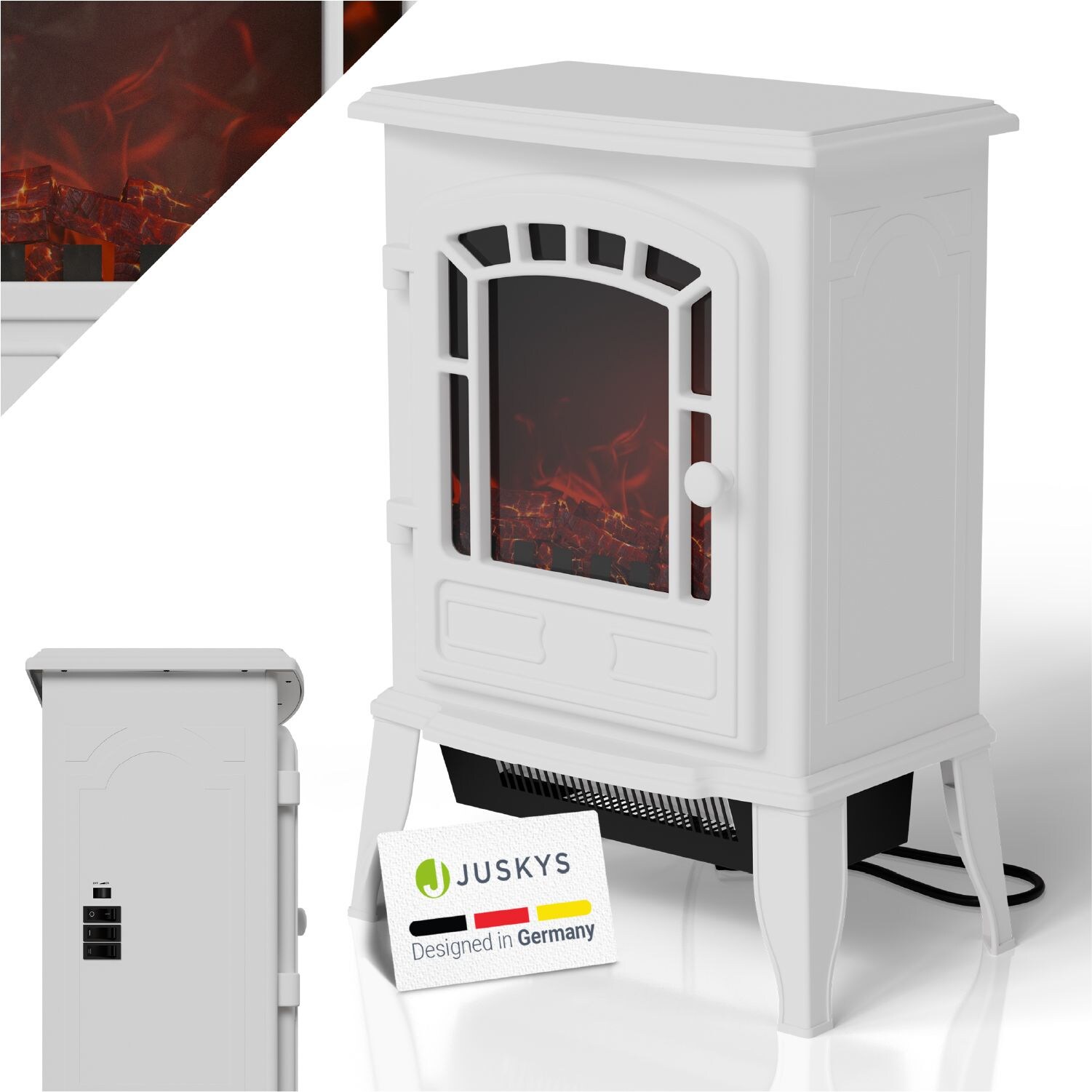 Juskys Elektrokamin 2000 W – Weiß, mit Flammeneffekt & 2 Heizstufen für Zuhause, inkl. Thermostat