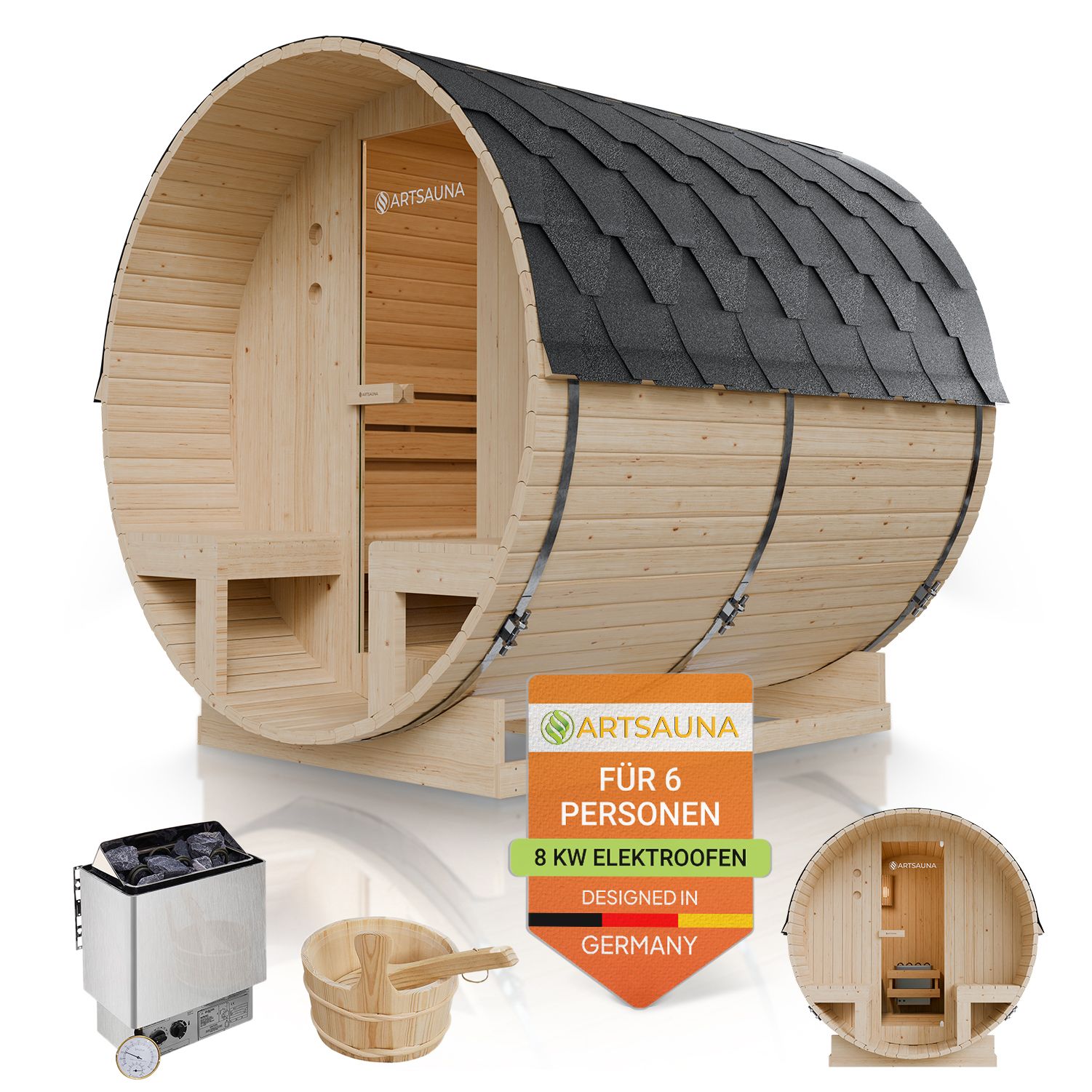 Artsauna Fasssauna Spitzbergen 220 mit zwei B&auml;nken - 6 Personen, 8 kW Ofen, Zubeh&ouml;r - Fichtenholz Sauna - Bild 1