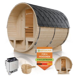 Artsauna Fasssauna Spitzbergen 220 mit zwei Bänken - 6 Personen, 8 kW Ofen, Zubehör - Fichtenholz Sauna - Bild 1
