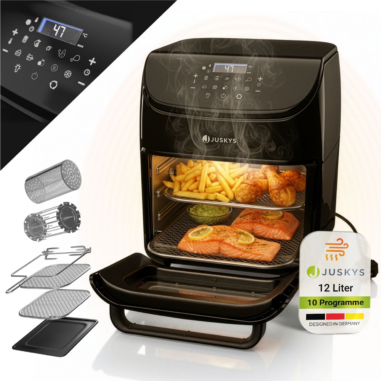 Juskys Heißluftfritteuse 12L – Schwarz, Airfryer mit 10 Programmen, Display & Zubehör
