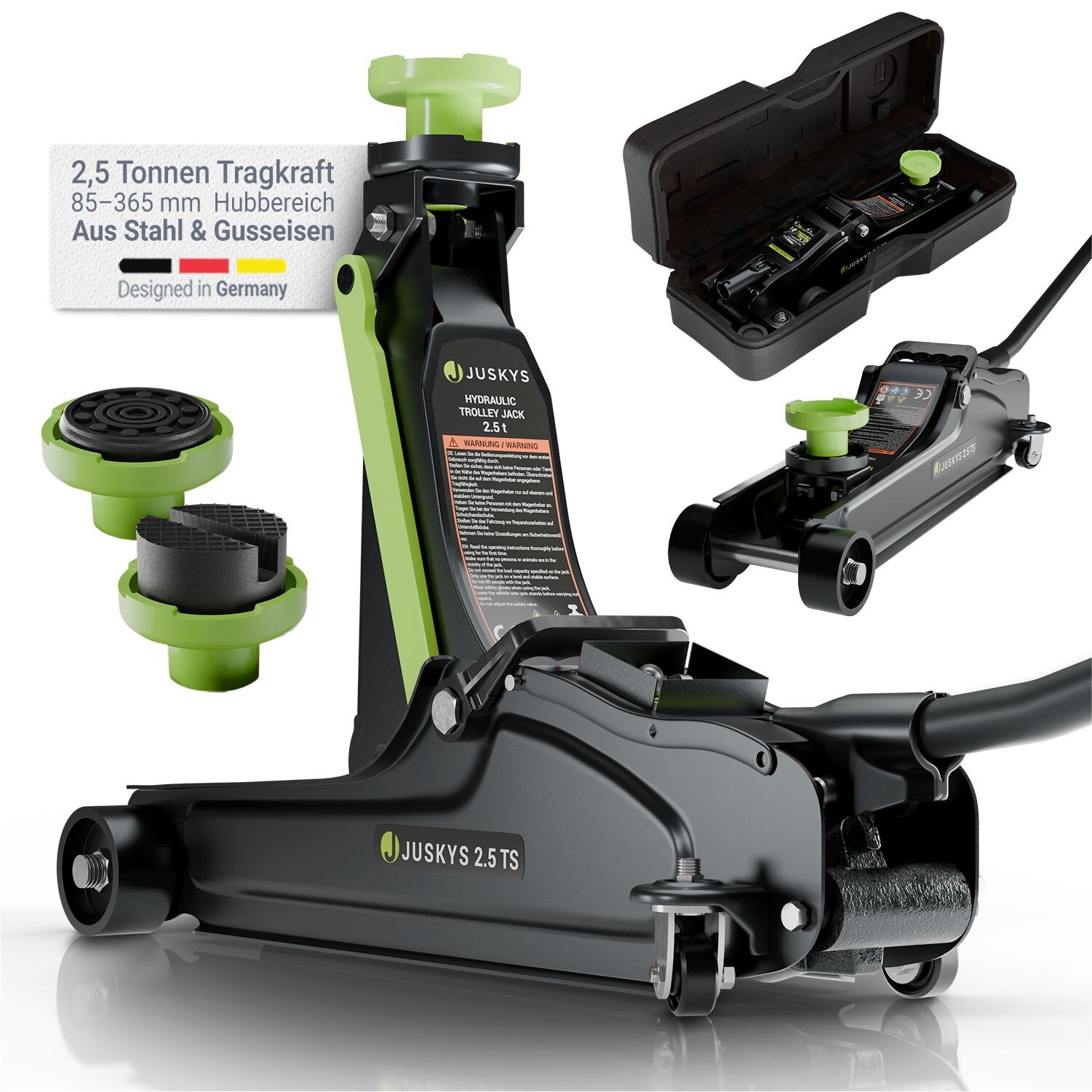 Juskys Wagenheber 2,5 t – Schwarz/Grün, hydraulisch, stabil mit Transportbox, Rangierwagenheber | 04262437185989
