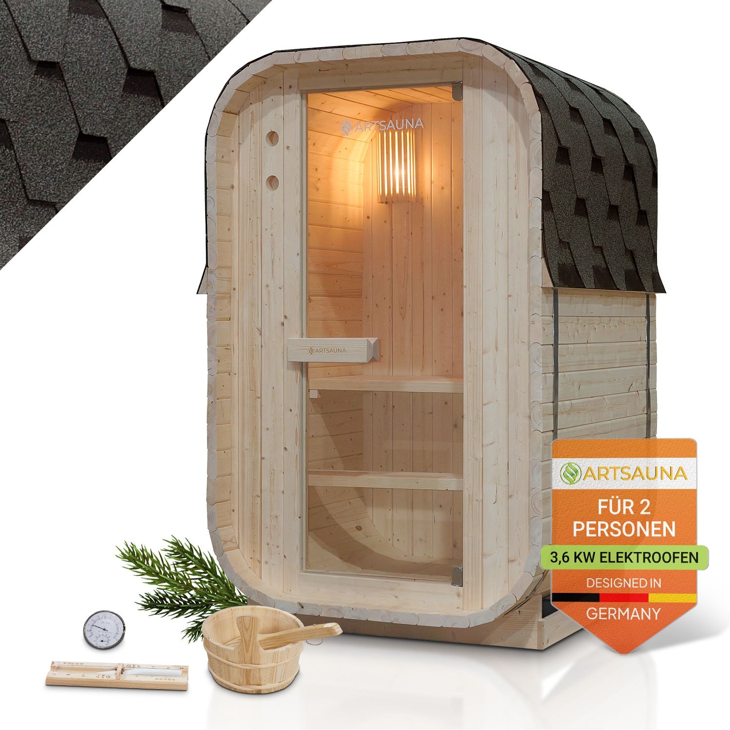 Artsauna Fasssauna Nolvik S f&uuml;r 1 bis 2 Personen, mit 3,6 kW Ofen & Zubeh&ouml;r f&uuml;r Garten, Cube Design - Bild 1