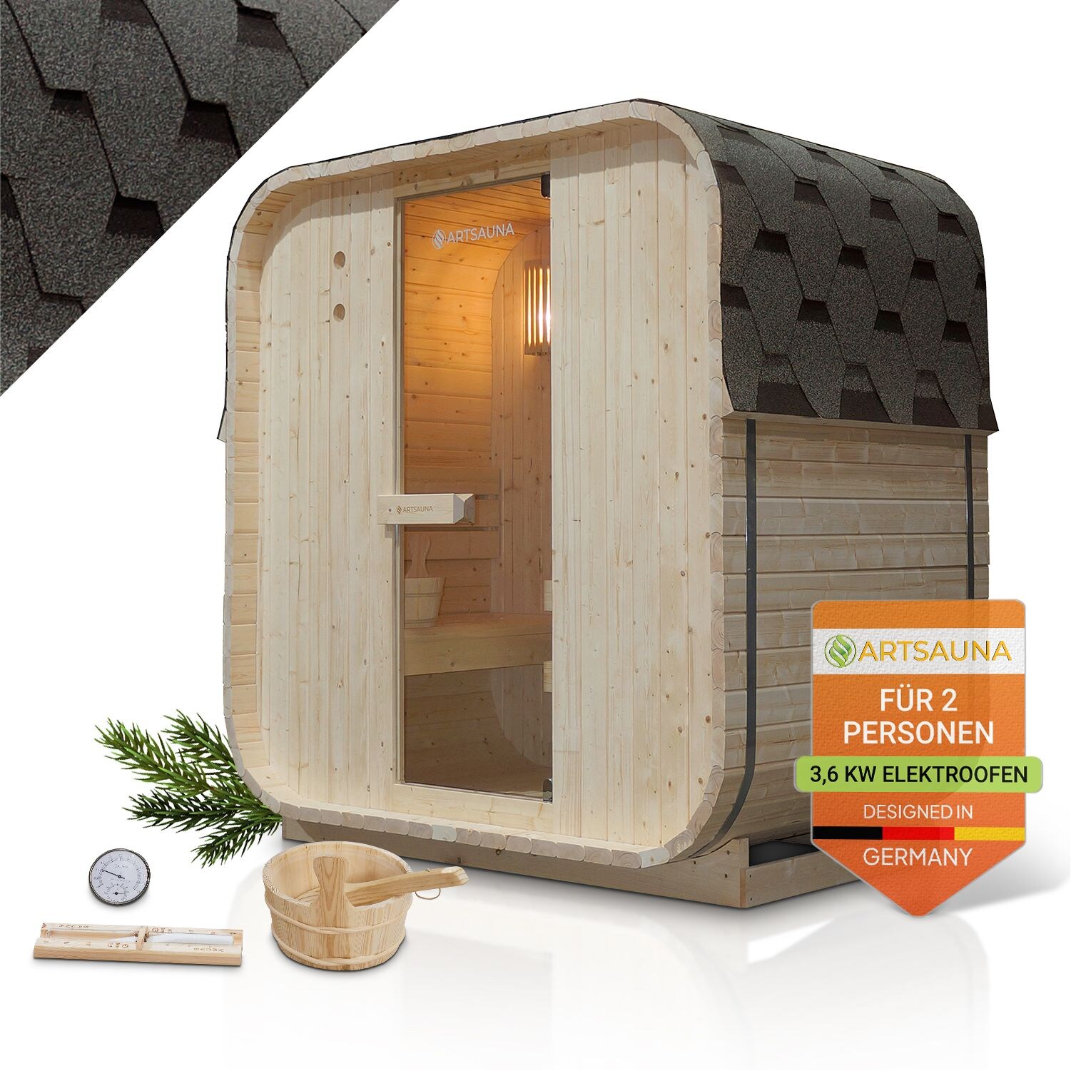 Artsauna Fasssauna Nolvik M – 2 Personen, mit 3,6 kW Ofen & Zubehör für Garten, Cube Design | 04262437185767