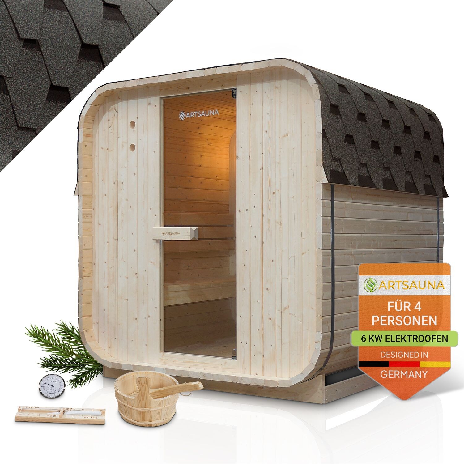 Artsauna Fasssauna Nolvik L - 4 Personen, mit 6 kW Ofen & Zubeh&ouml;r f&uuml;r Garten, Cube Design - Bild 1