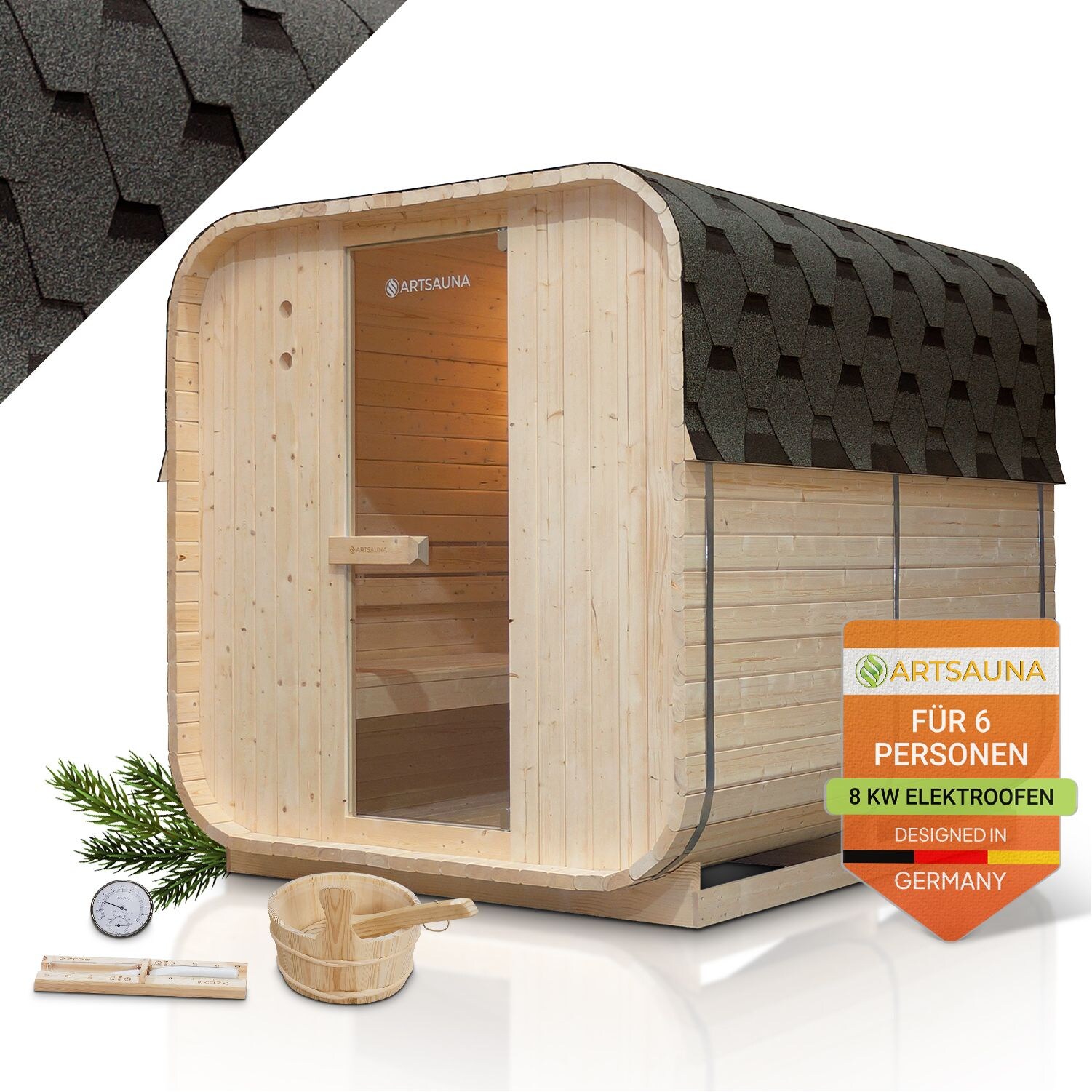 Artsauna Fasssauna Nolvik XL – 6 Personen, mit 8 kW Ofen & Zubehör für Garten, Cube Design | 04262437185798
