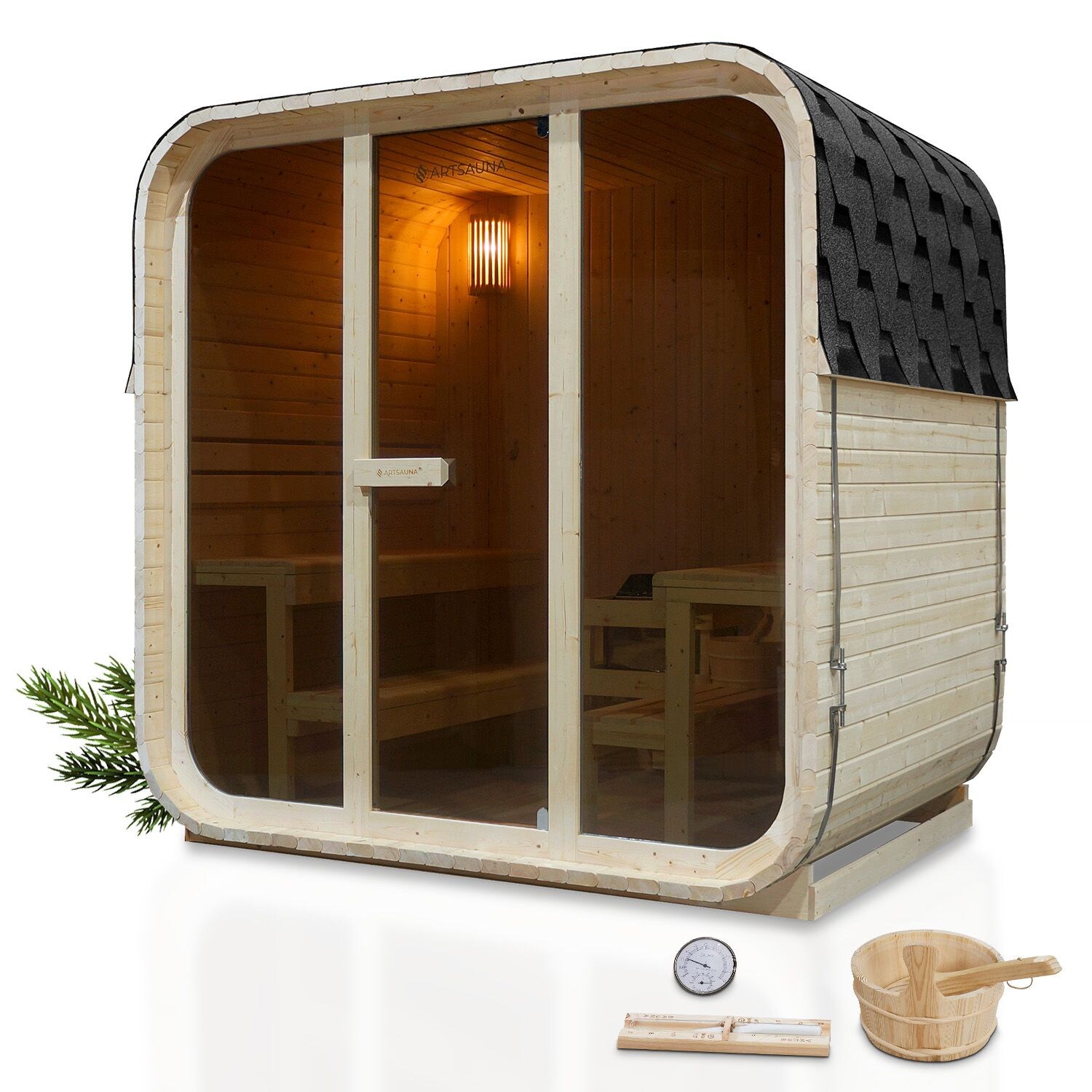 Artsauna Fasssauna Cube Big Fjora für 6 Personen, mit 9kW Ofen, Glasfront & Zubehör | 04262437185781