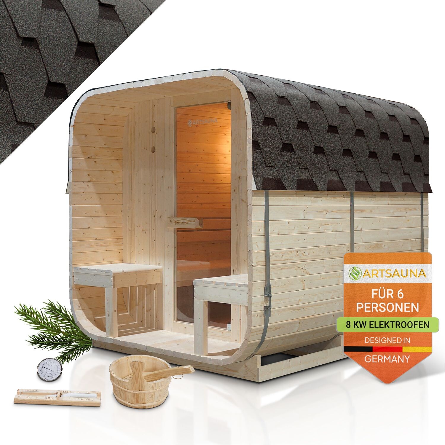 Artsauna Fasssauna Nolvik XXL – 6 Personen, mit 8 kW Ofen & Zubehör für Garten, Cube Design | 04262437185941