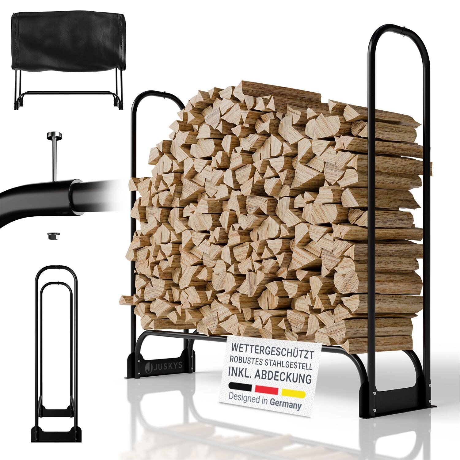 Juskys Kaminholzregal M 130x117x36 cm – Schwarz, außen, Metall mit Abdeckung & 200 kg belastbar | 04262437186054