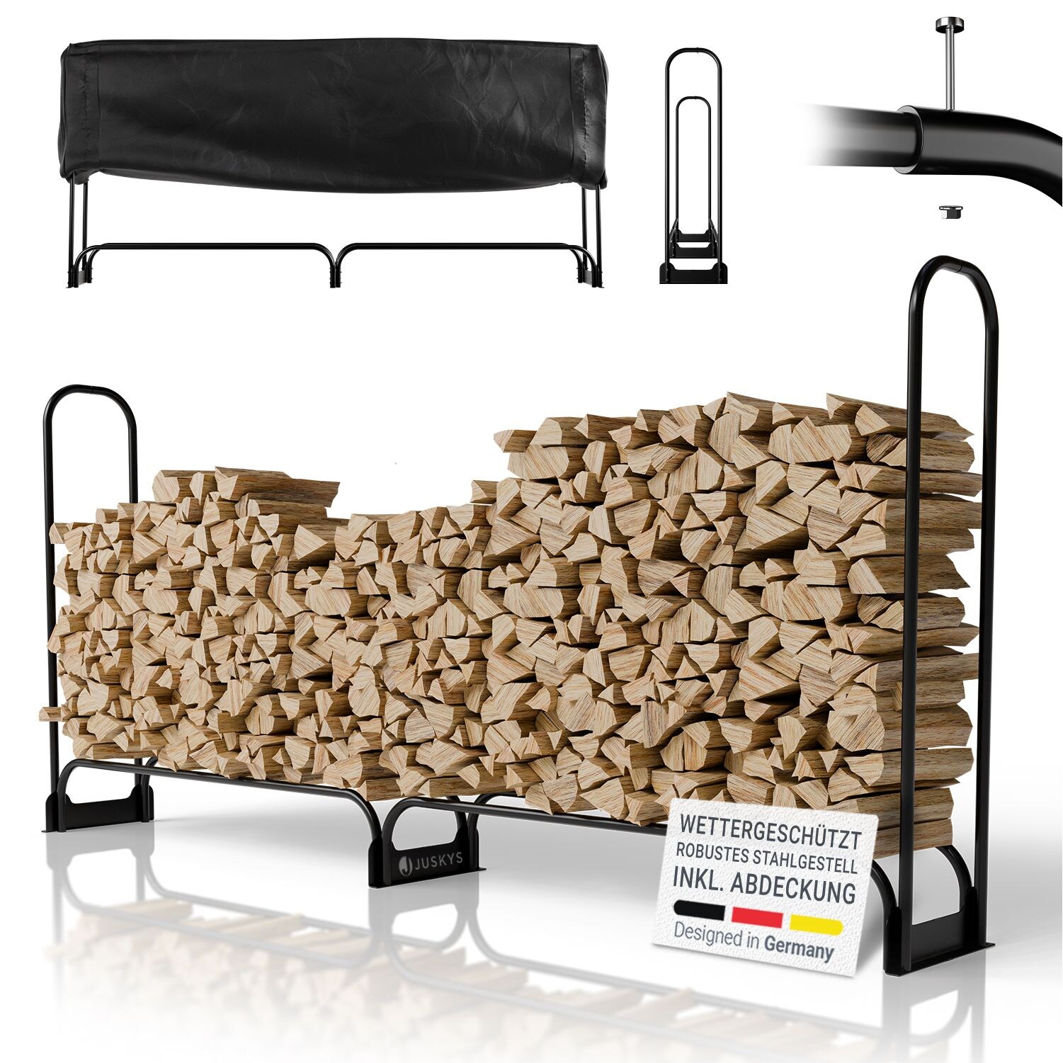 Juskys Kaminholzregal L 260x117x36 cm – Schwarz, außen, Metall mit Abdeckung & 300 kg belastbar | 04262437186061