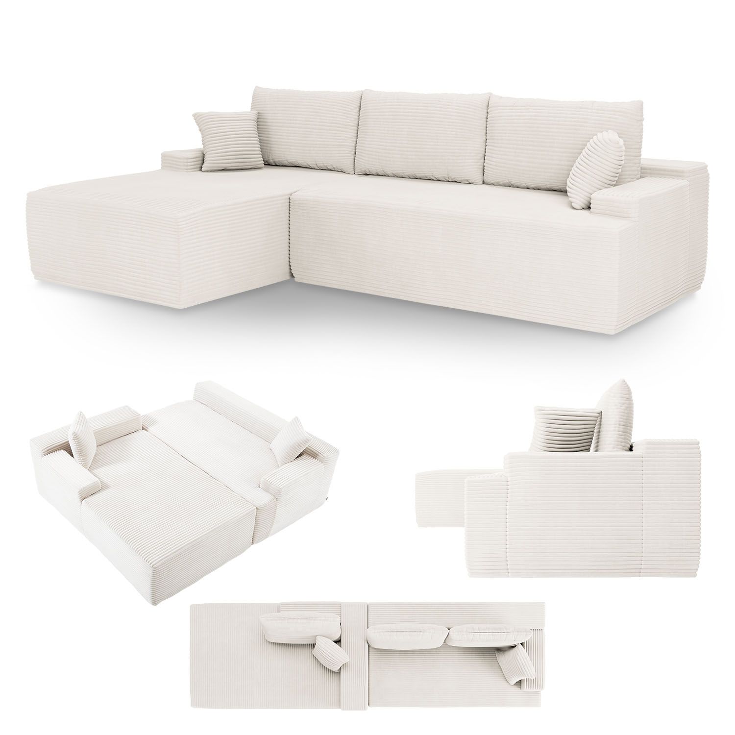 Juskys Sofa Coredo Links - Ecksofa 3 Sitzer, Couch in L Form mit Ottomane - Cord in Creme - Bild 1
