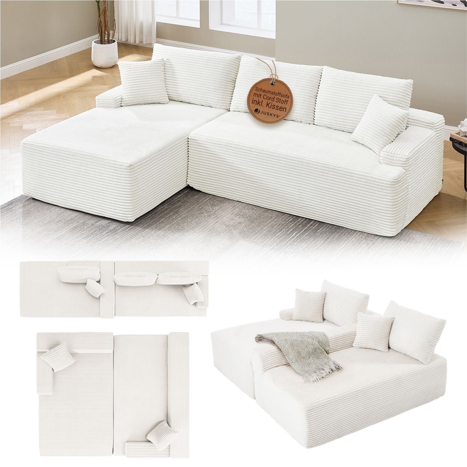 Juskys Sofa Coredo Links - Ecksofa 3 Sitzer, Couch in L Form mit Ottomane - Cord in Creme