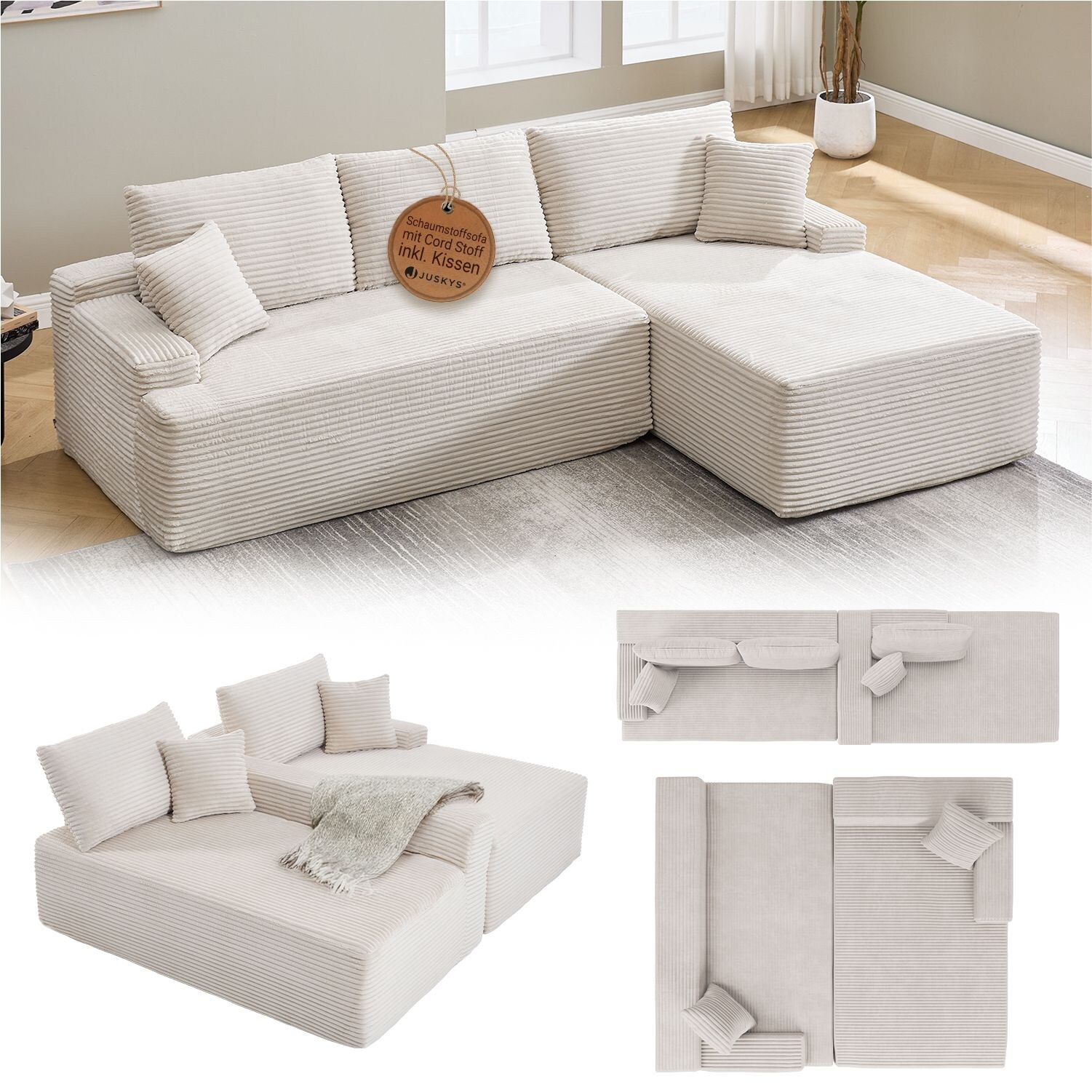 Juskys Sofa Coredo Rechts - Ecksofa 3 Sitzer, Couch in L Form mit Ottomane - Cord in Beige