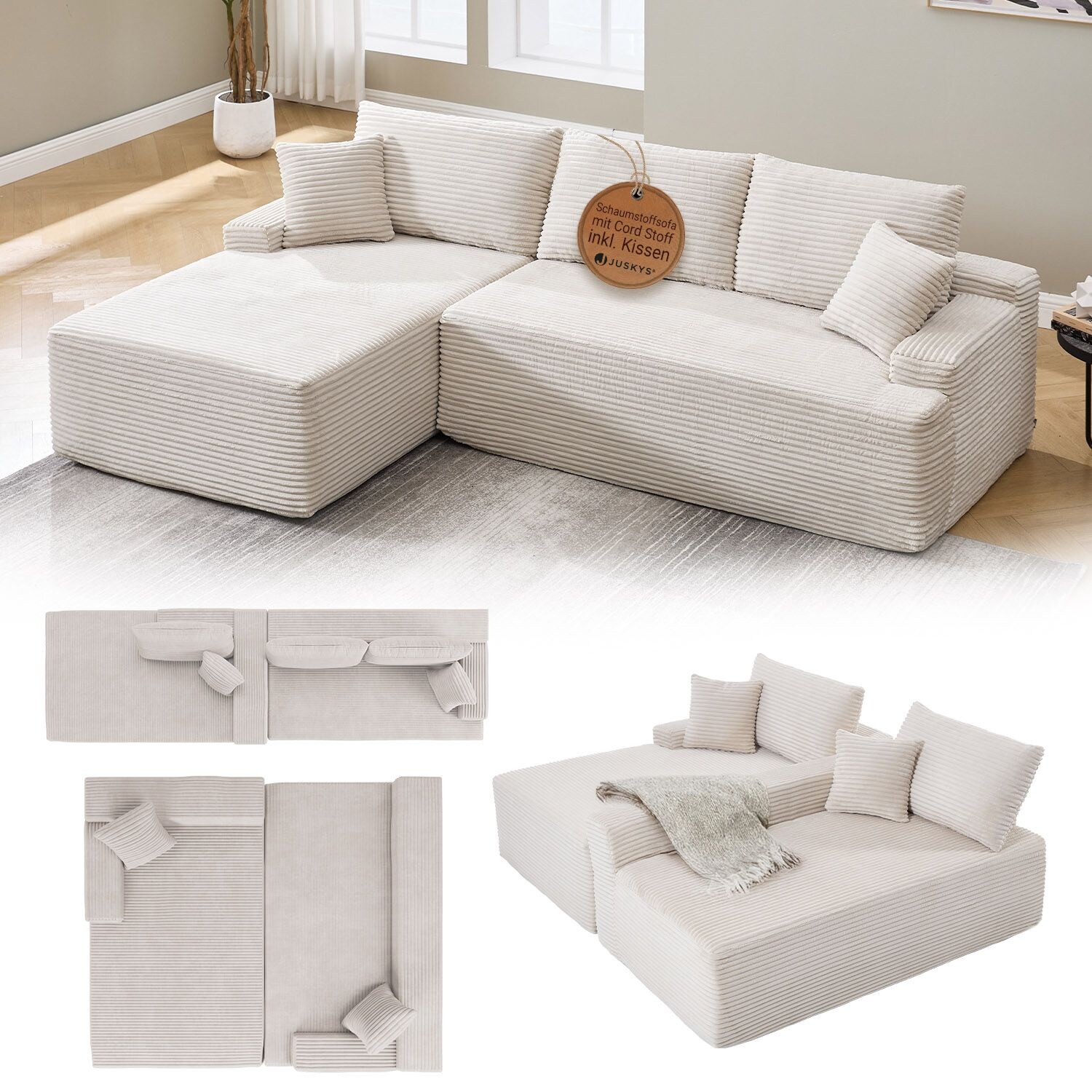 Juskys Sofa Coredo Links - Ecksofa 3 Sitzer, Couch in L Form mit Ottomane - Cord in Beige