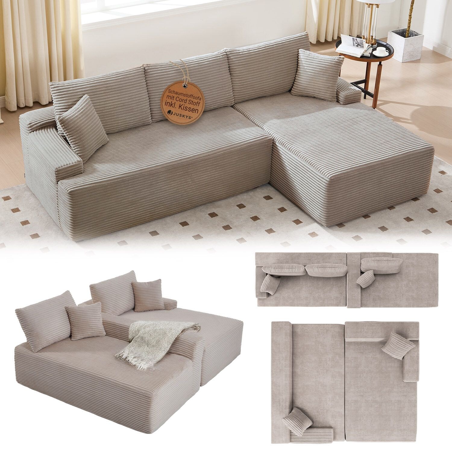 Juskys Sofa Coredo Rechts - Ecksofa 3 Sitzer, Couch in L Form mit Ottomane - Cord in Taupe