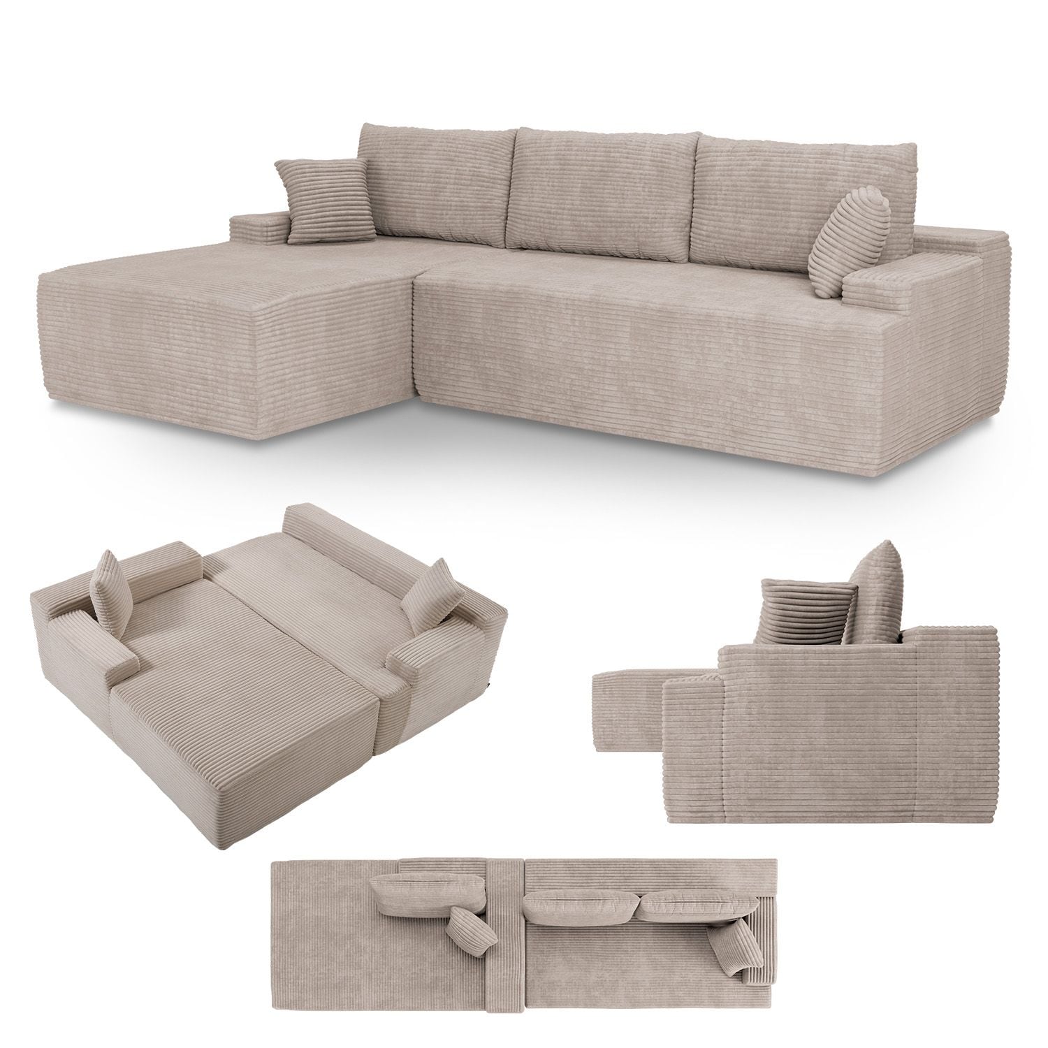 Juskys Sofa Coredo Links - Ecksofa 3 Sitzer, Couch in L Form mit Ottomane - Cord in Taupe - Bild 1