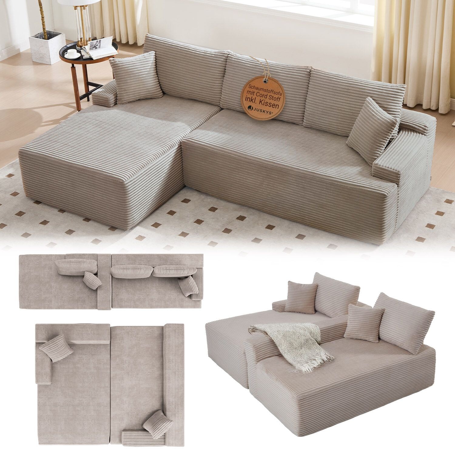 Juskys Sofa Coredo Links - Ecksofa 3 Sitzer, Couch in L Form mit Ottomane - Cord in Taupe