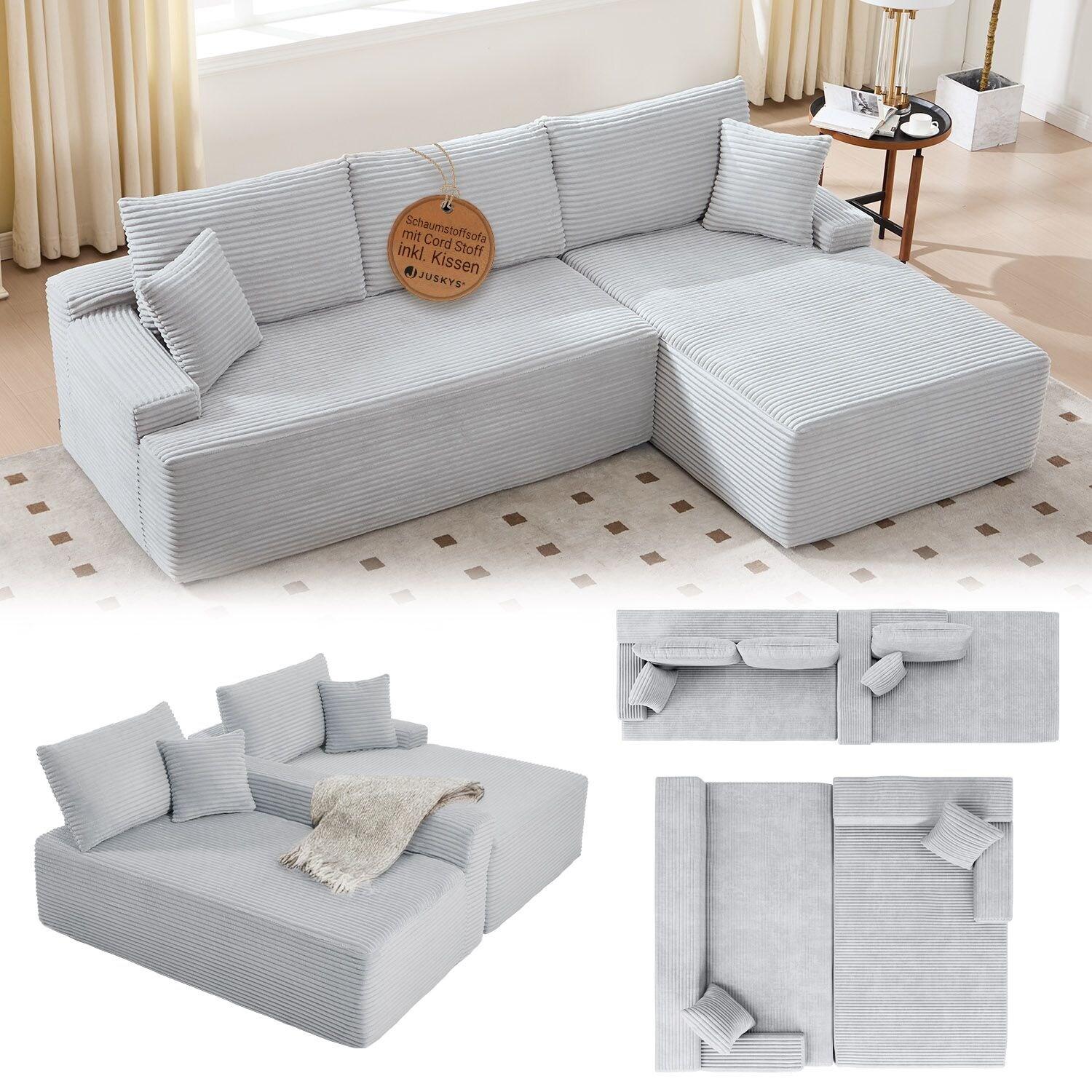 Juskys Sofa Coredo Rechts - Ecksofa 3 Sitzer, Couch in L Form mit Ottomane - Cord in Hellgrau