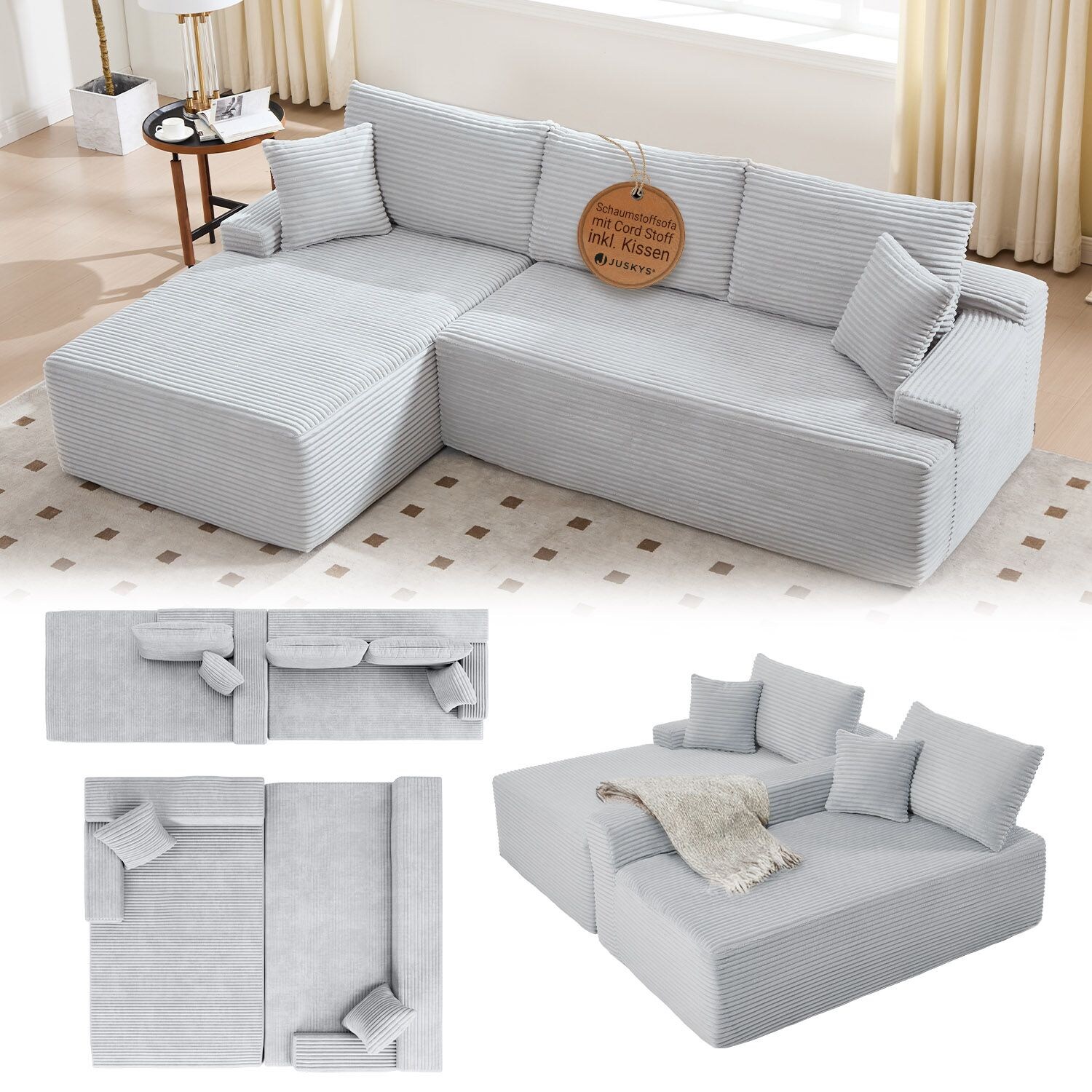 Juskys Sofa Coredo Links - Ecksofa 3 Sitzer, Couch in L Form mit Ottomane - Cord in Hellgrau
